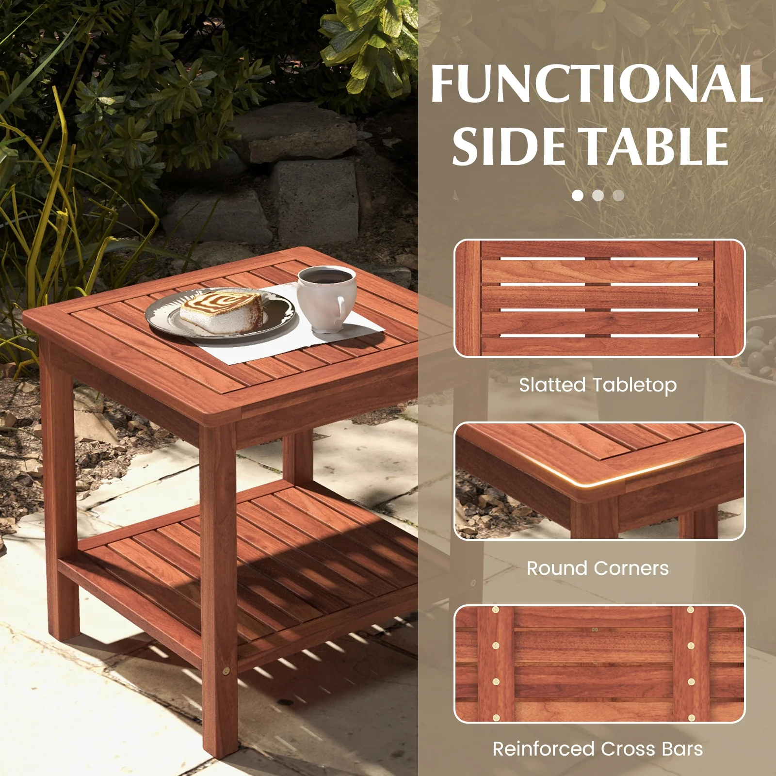Double-Tier Acacia Wood Patio Side Table, Natural - Image 10