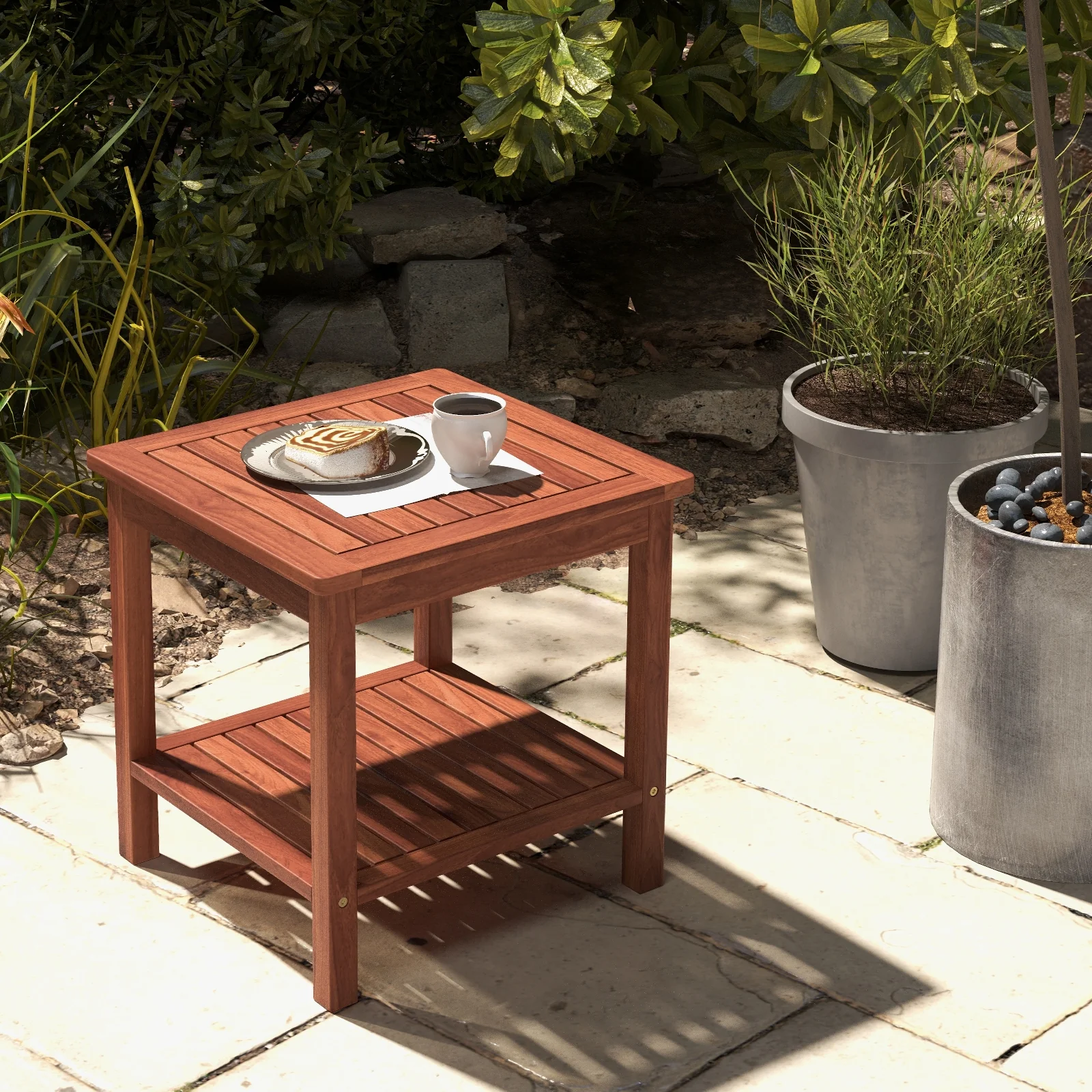 Double-Tier Acacia Wood Patio Side Table, Natural - Image 2