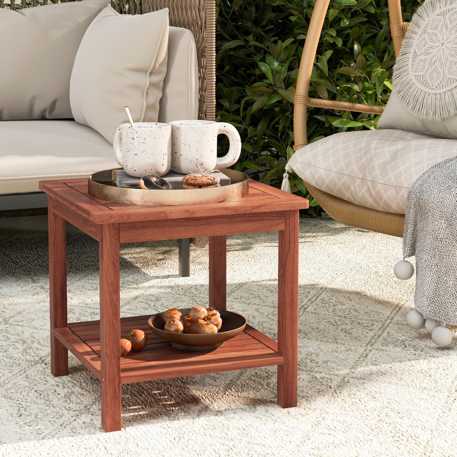Double-Tier Acacia Wood Patio Side Table, Natural - Image 3