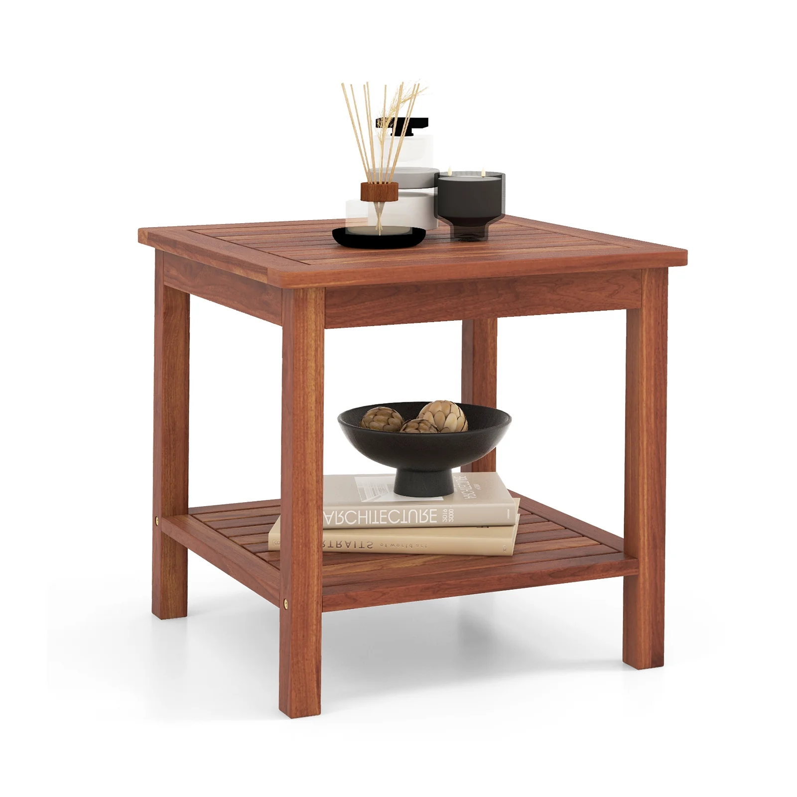 Double-Tier Acacia Wood Patio Side Table, Natural - Image 4