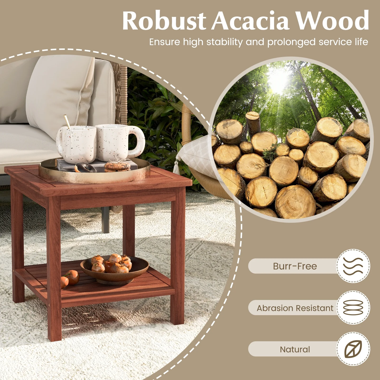 Double-Tier Acacia Wood Patio Side Table, Natural - Image 8
