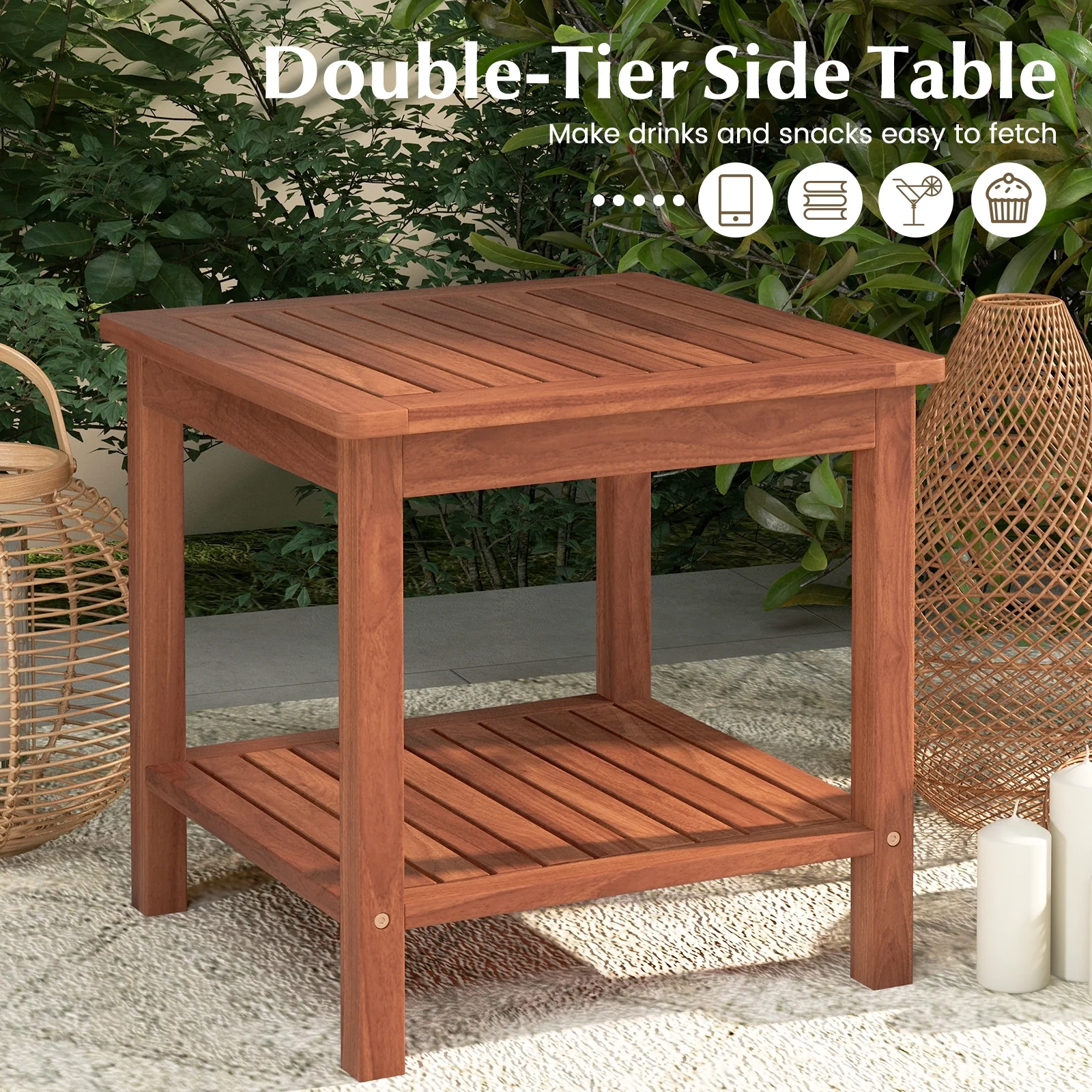 Double-Tier Acacia Wood Patio Side Table, Natural - Image 9