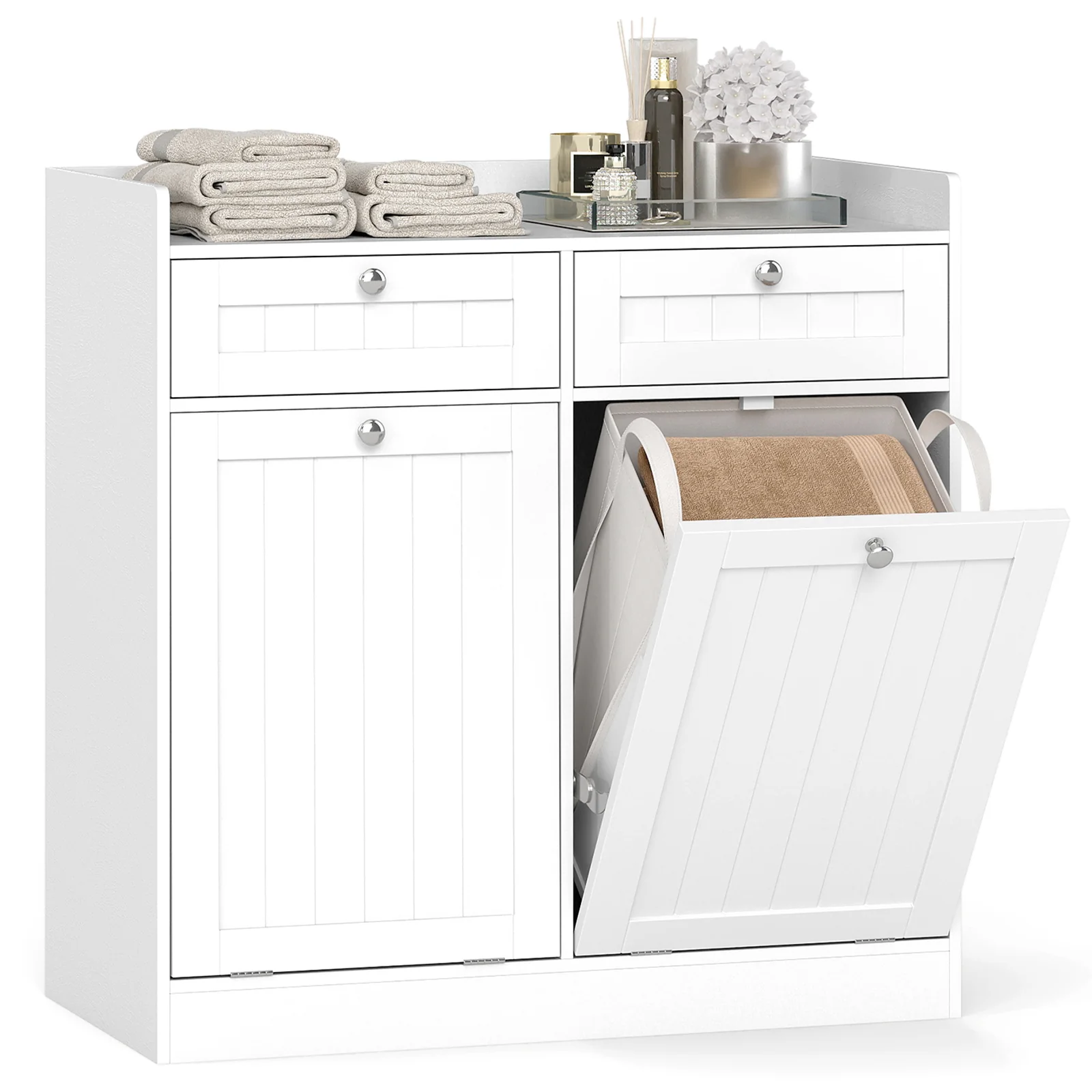 Double Tilt-Out Laundry Hamper Cabinet, 2 Drawers, Removable Bags, White
