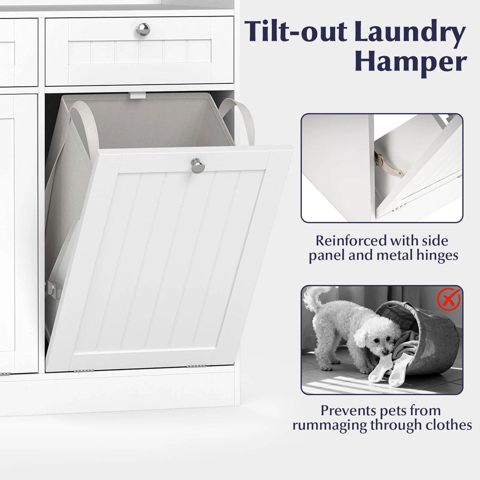 Double Tilt-Out Laundry Hamper Cabinet, 2 Drawers, Removable Bags, White - Image 10