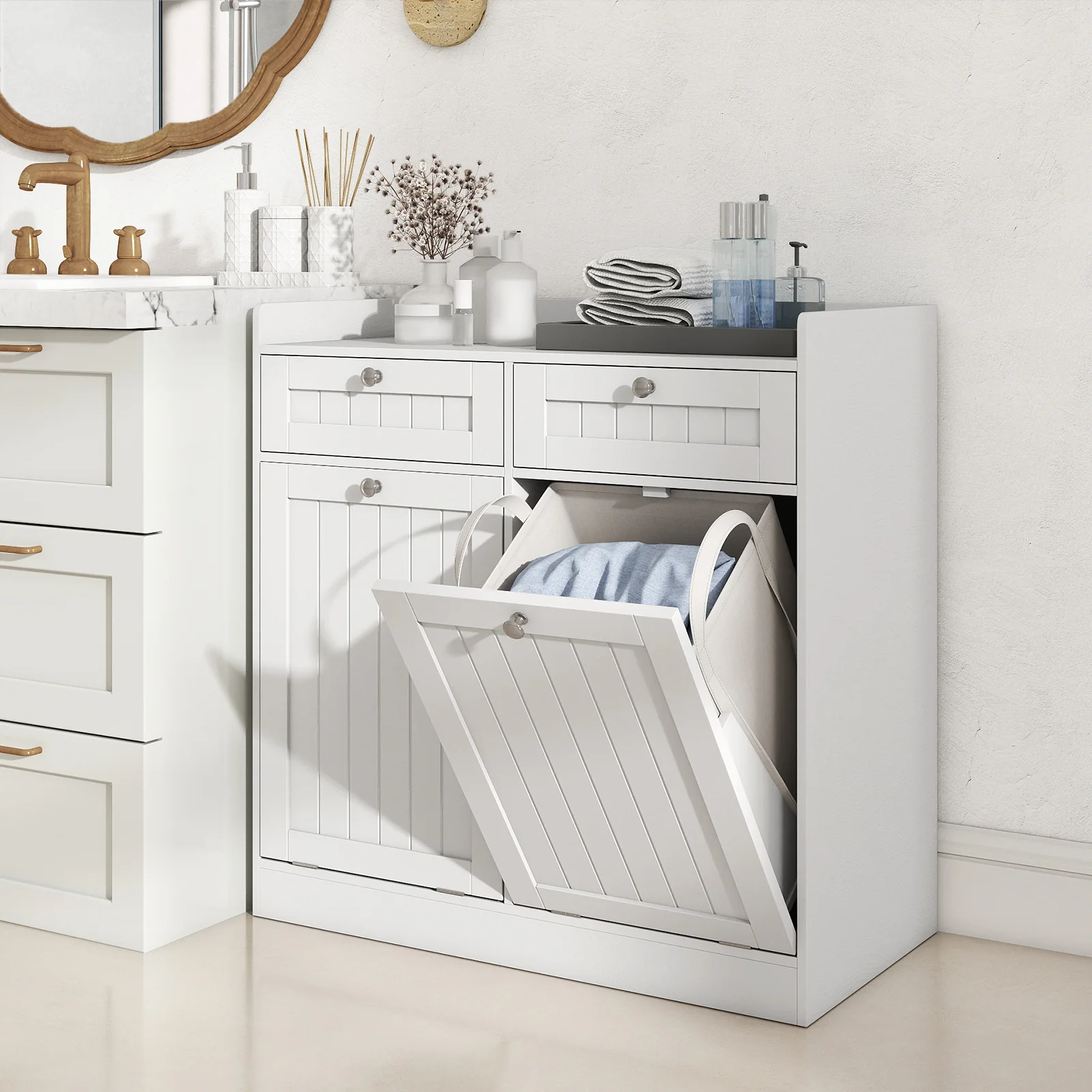 Double Tilt-Out Laundry Hamper Cabinet, 2 Drawers, Removable Bags, White - Image 2