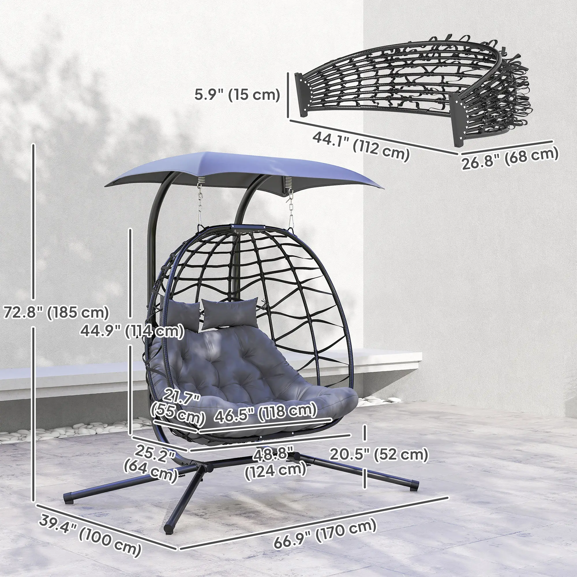 Double Wicker Egg Swing Chair, Foldable with Stand, Black - Image 3