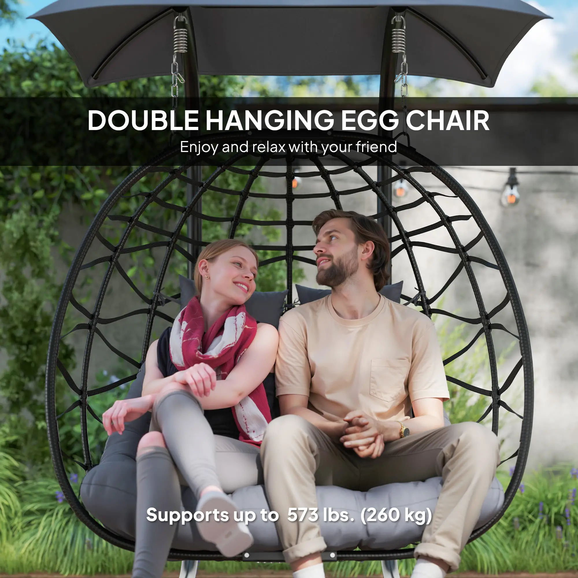 Double Wicker Egg Swing Chair, Foldable with Stand, Black - Image 4