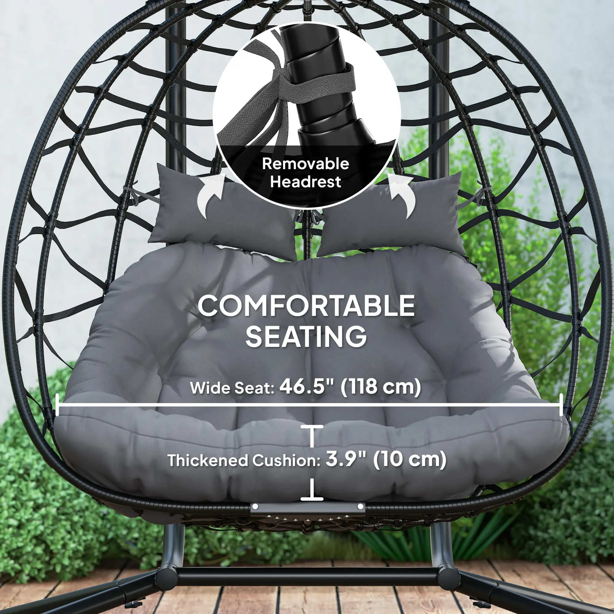 Double Wicker Egg Swing Chair, Foldable with Stand, Black - Image 7