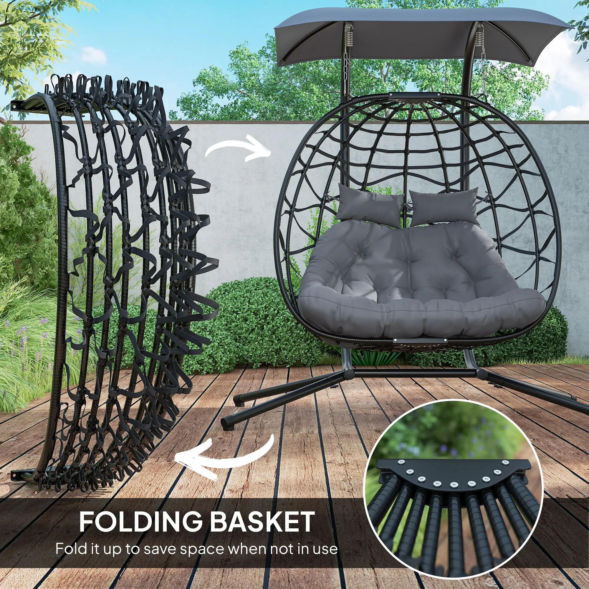 Double Wicker Egg Swing Chair, Foldable with Stand, Black - Image 9