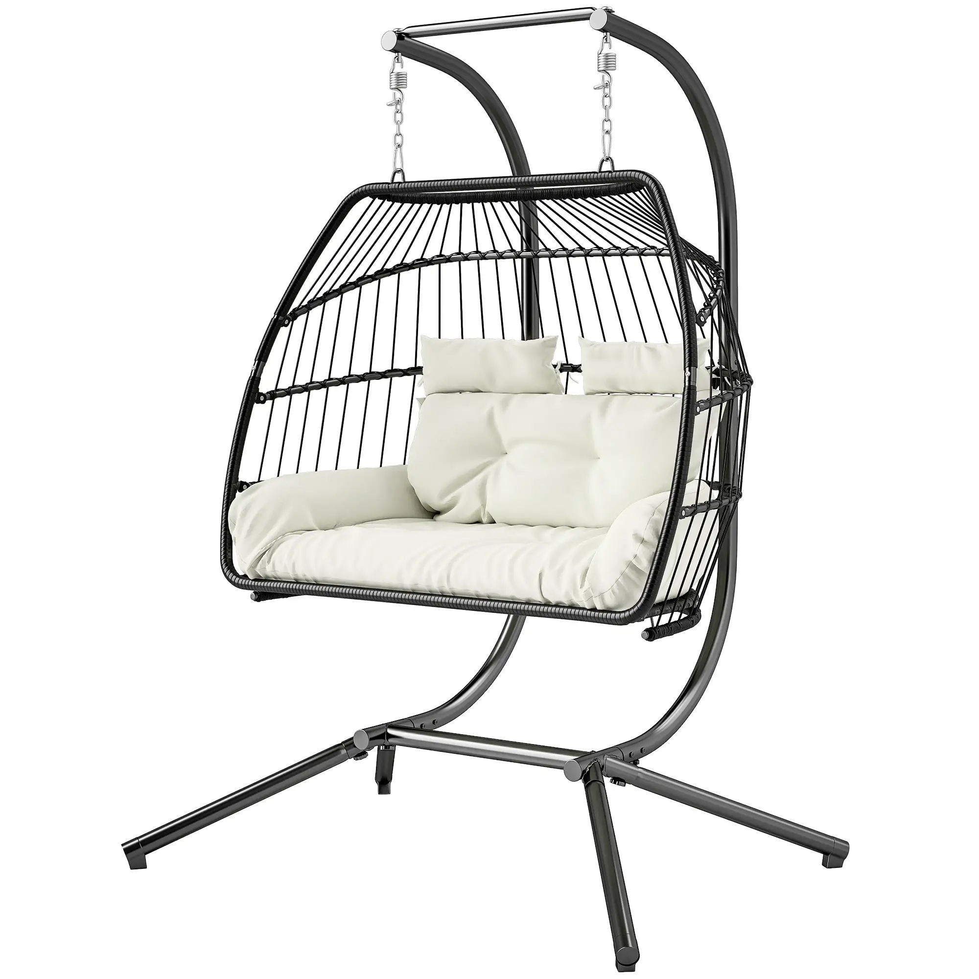 Double Wicker Egg Swing Chair, Foldable with Stand, UV Resistant Cushion, Cream White