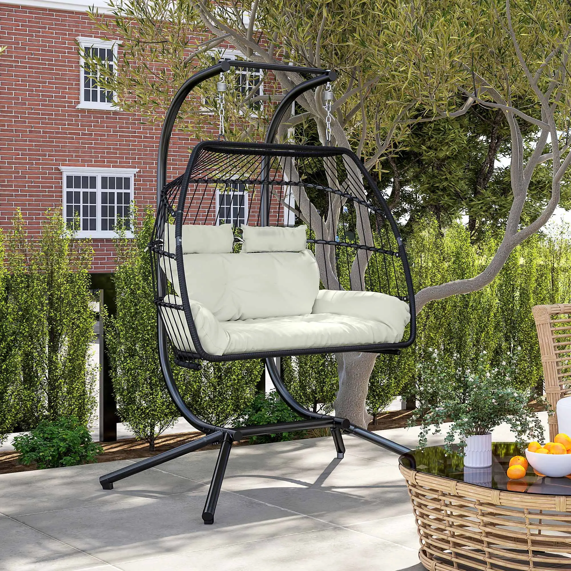 Double Wicker Egg Swing Chair, Foldable with Stand, UV Resistant Cushion, Cream White - Image 10