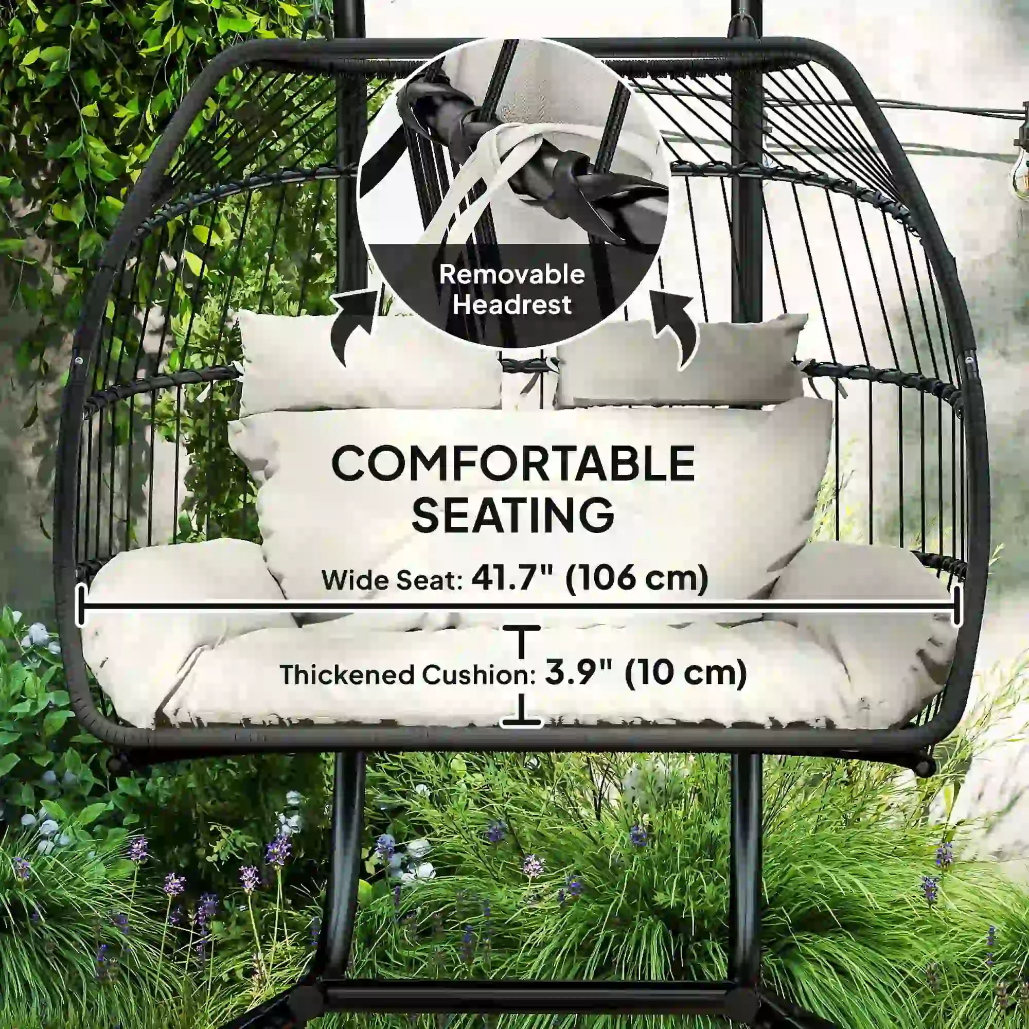 Double Wicker Egg Swing Chair, Foldable with Stand, UV Resistant Cushion, Cream White - Image 6