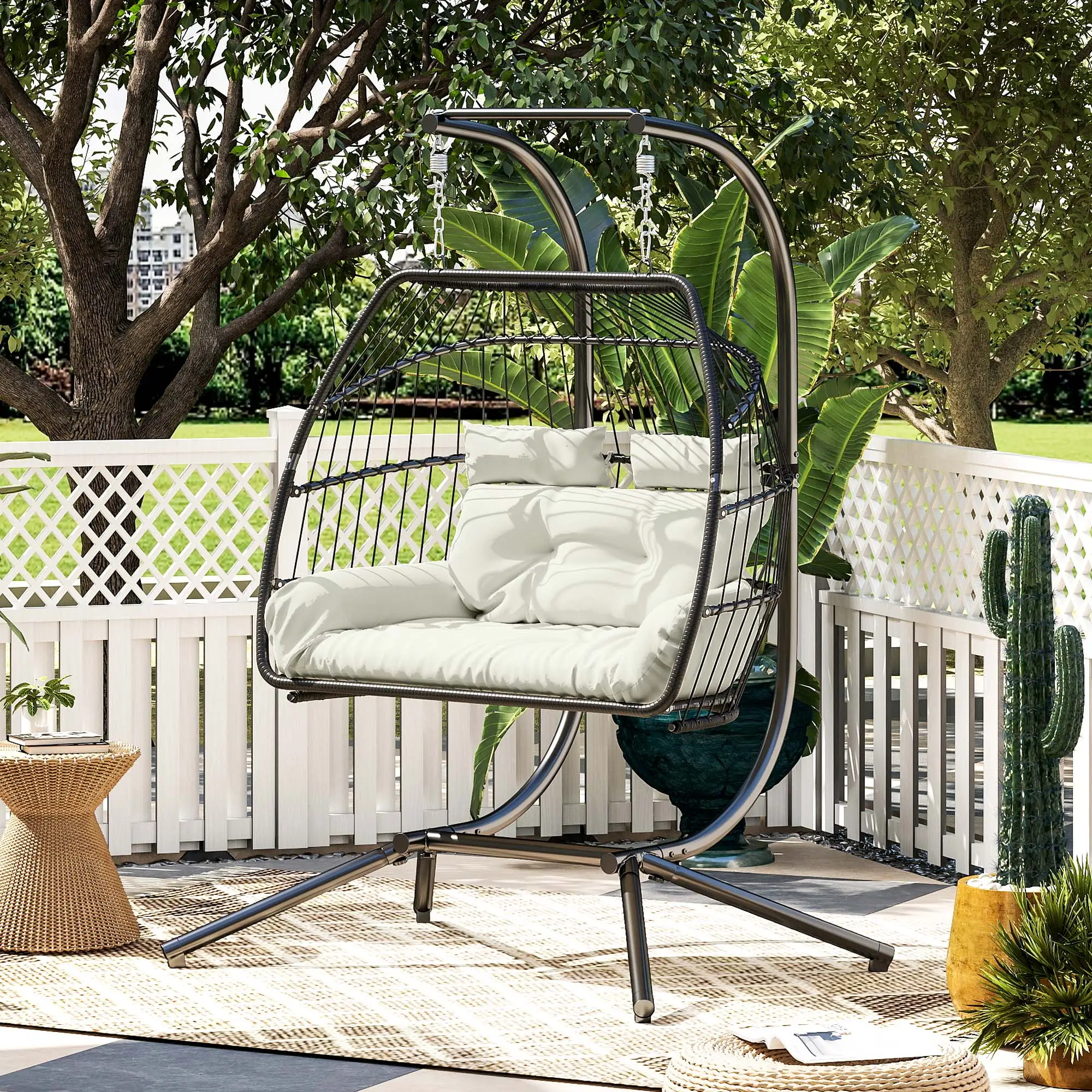 Double Wicker Egg Swing Chair, Foldable with Stand, UV Resistant Cushion, Cream White - Image 8
