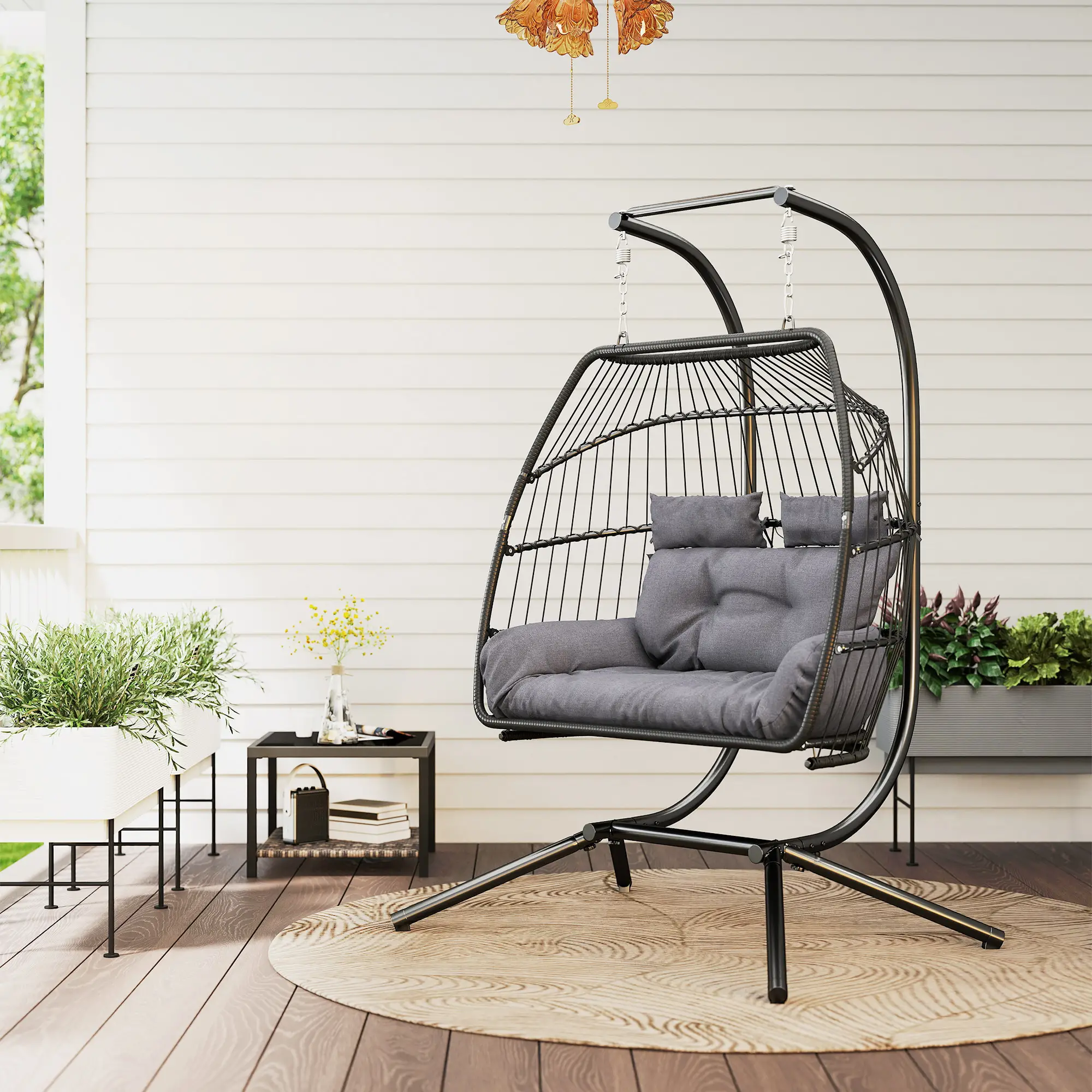 Double Wicker Egg Swing Chair, Foldable with Stand, UV Resistant Cushion, Headrest, Dark Grey - Image 11