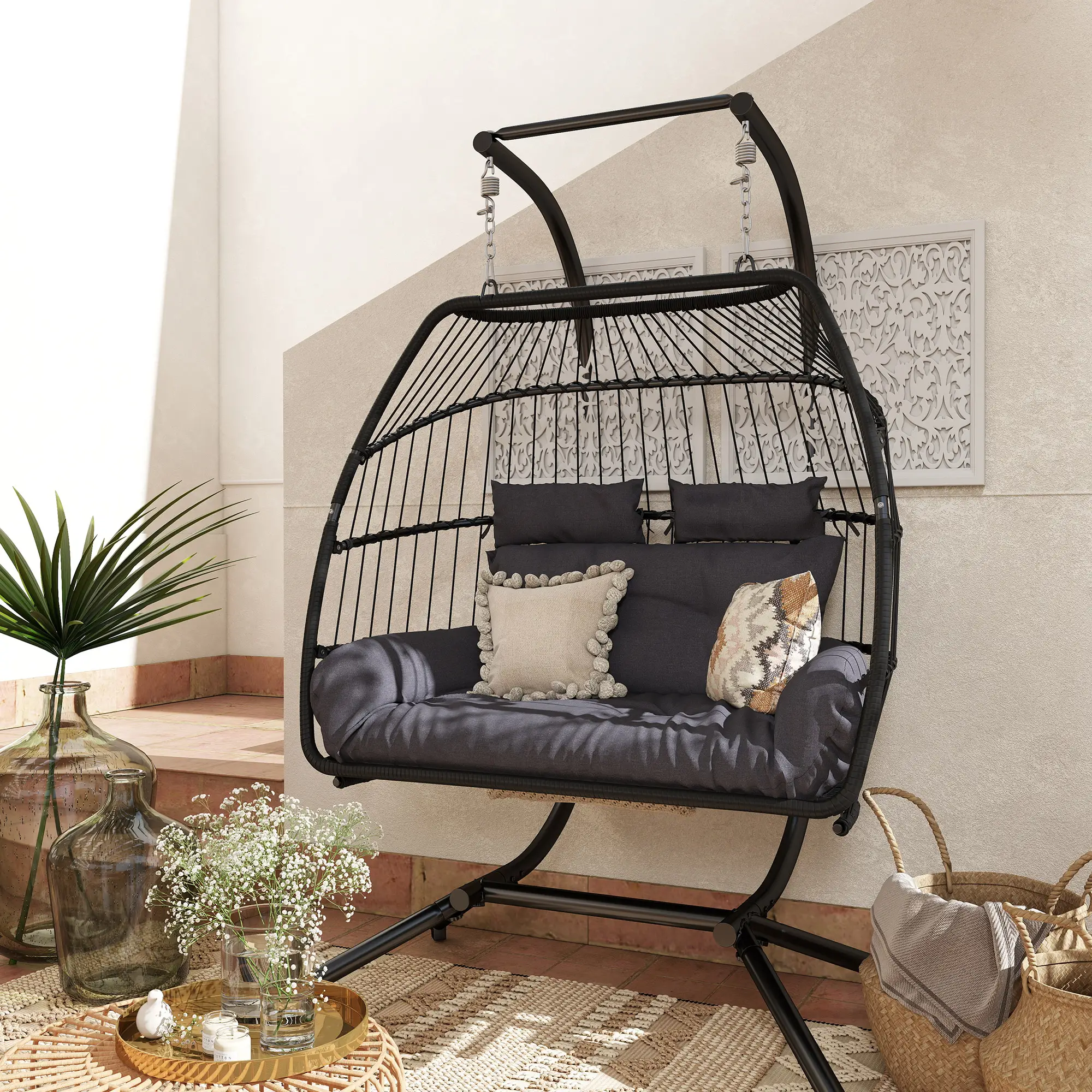 Double Wicker Egg Swing Chair, Foldable with Stand, UV Resistant Cushion, Headrest, Dark Grey - Image 2