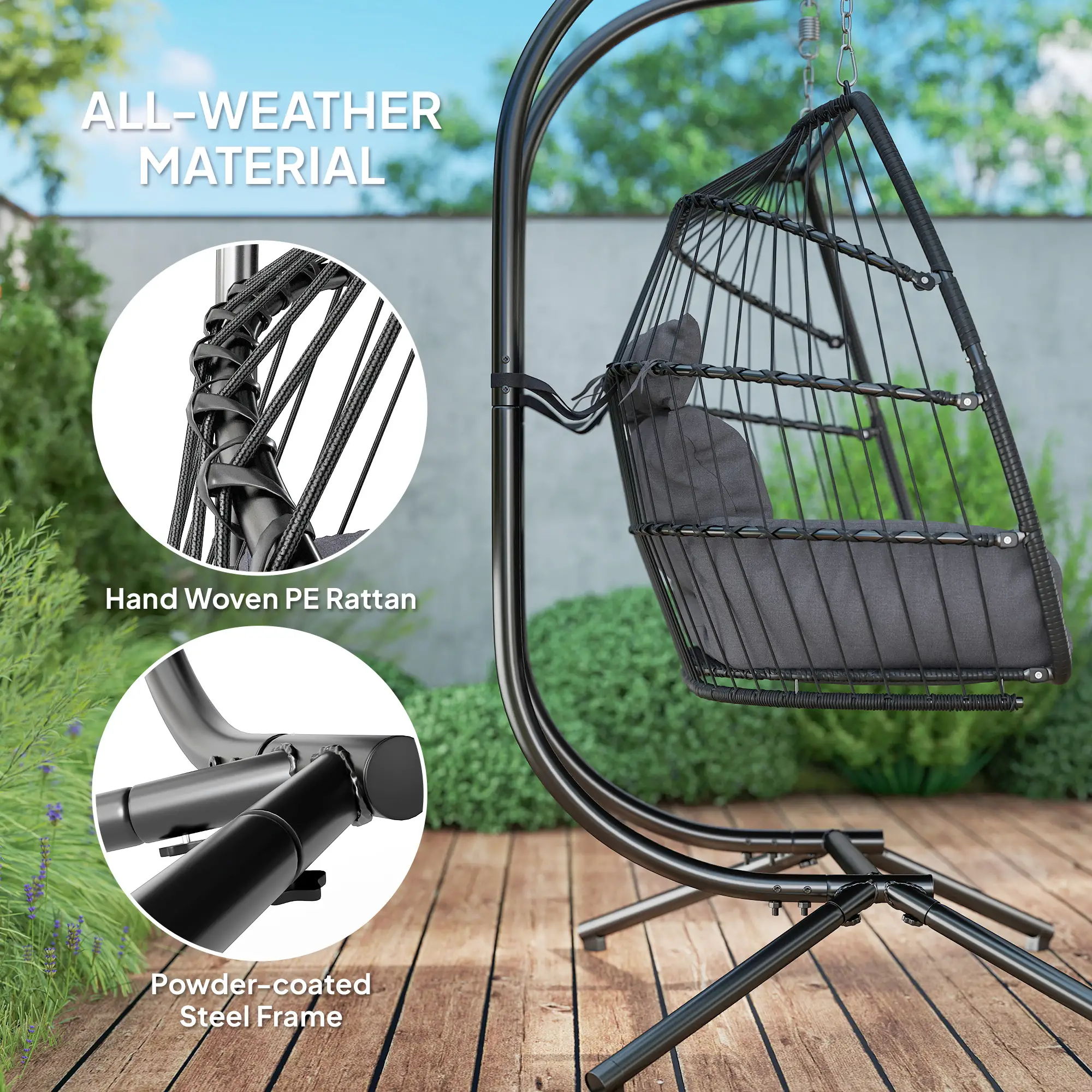 Double Wicker Egg Swing Chair, Foldable with Stand, UV Resistant Cushion, Headrest, Dark Grey - Image 5