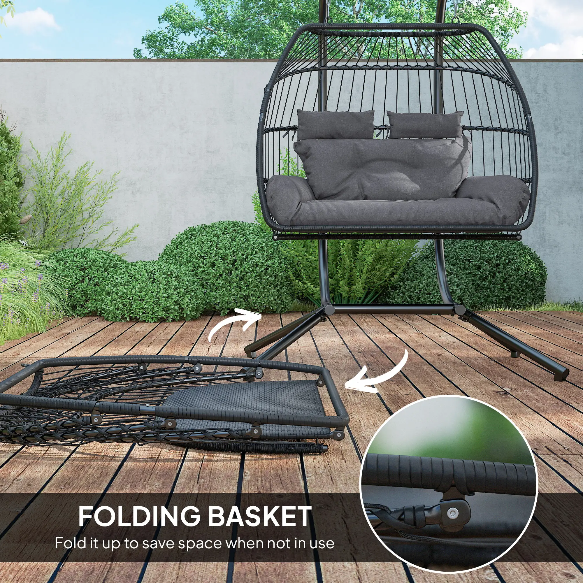 Double Wicker Egg Swing Chair, Foldable with Stand, UV Resistant Cushion, Headrest, Dark Grey - Image 7