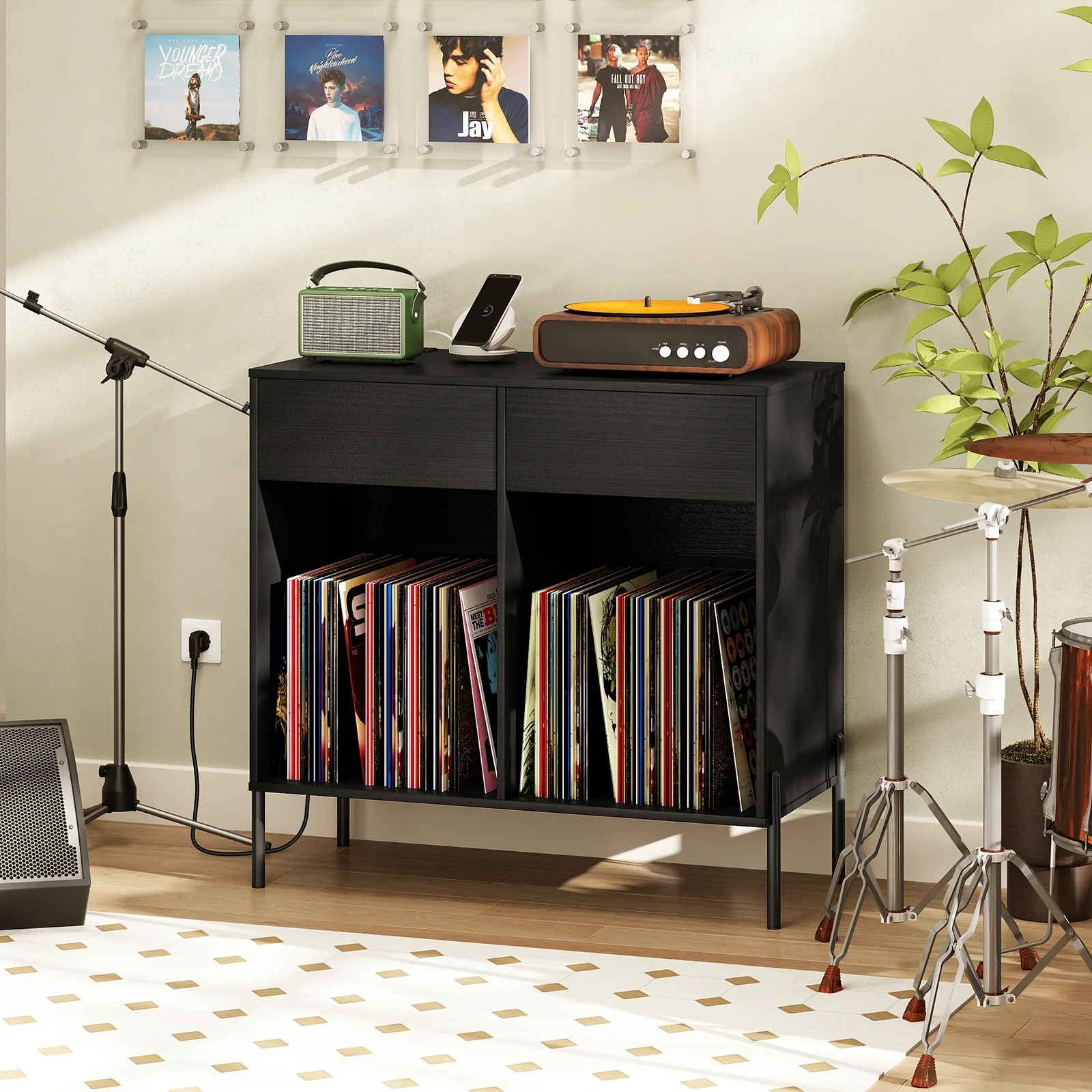 Double Wide Turntable Stand, Vinyl Record Storage Table, Black - Image 2