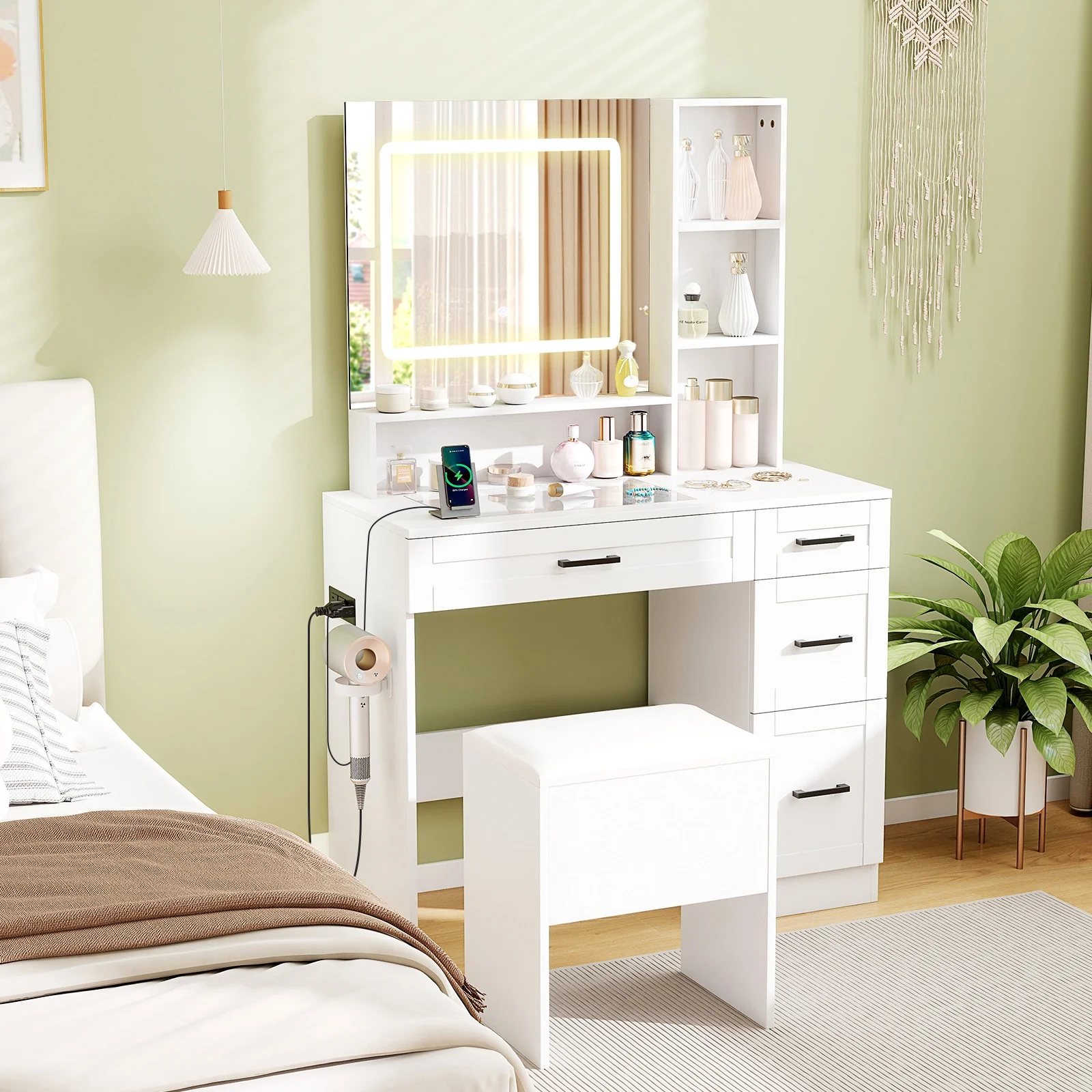 Dressing Desk With 3 Lighting, Hair Dryer Stand, White - Image 2