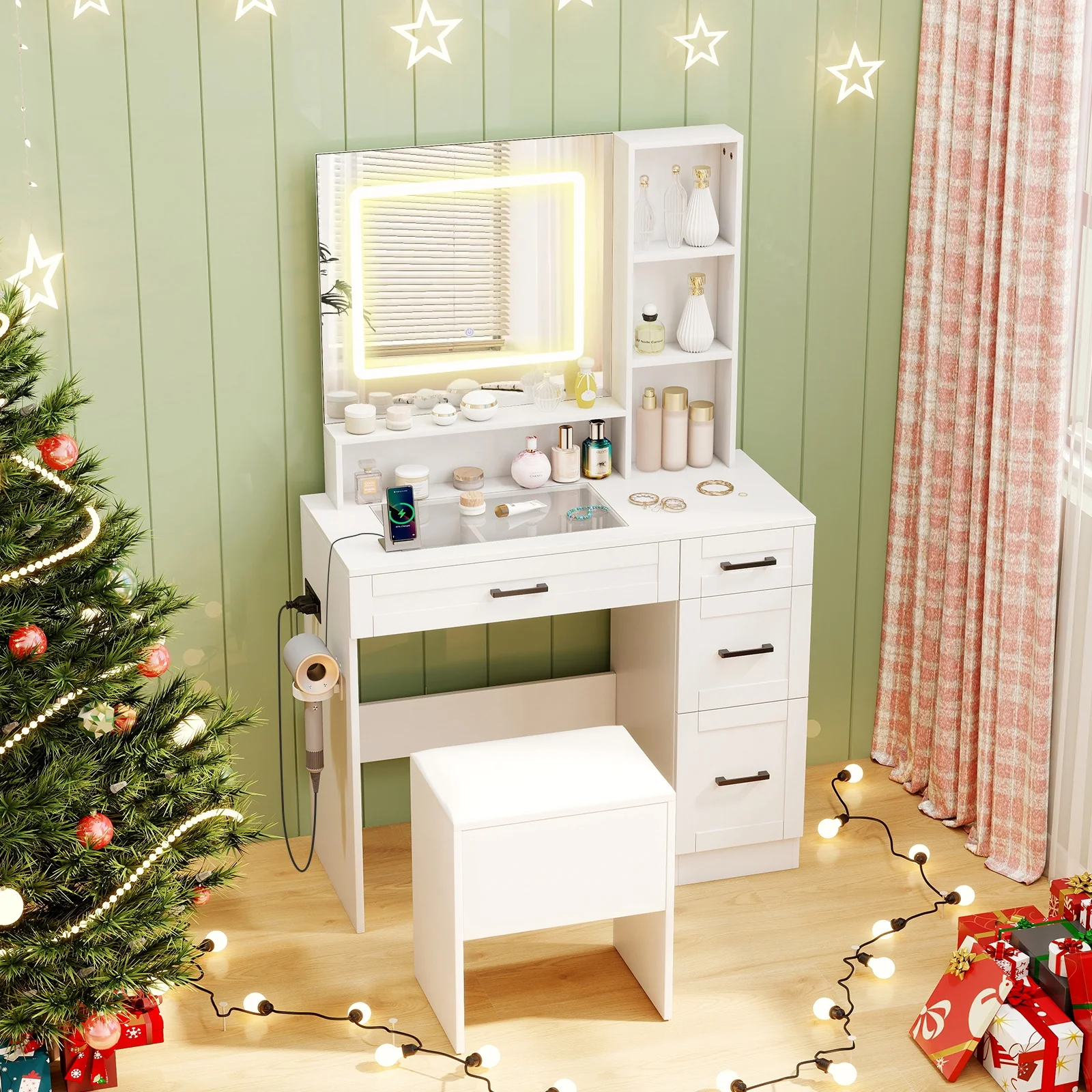 Dressing Desk With 3 Lighting, Hair Dryer Stand, White - Image 3