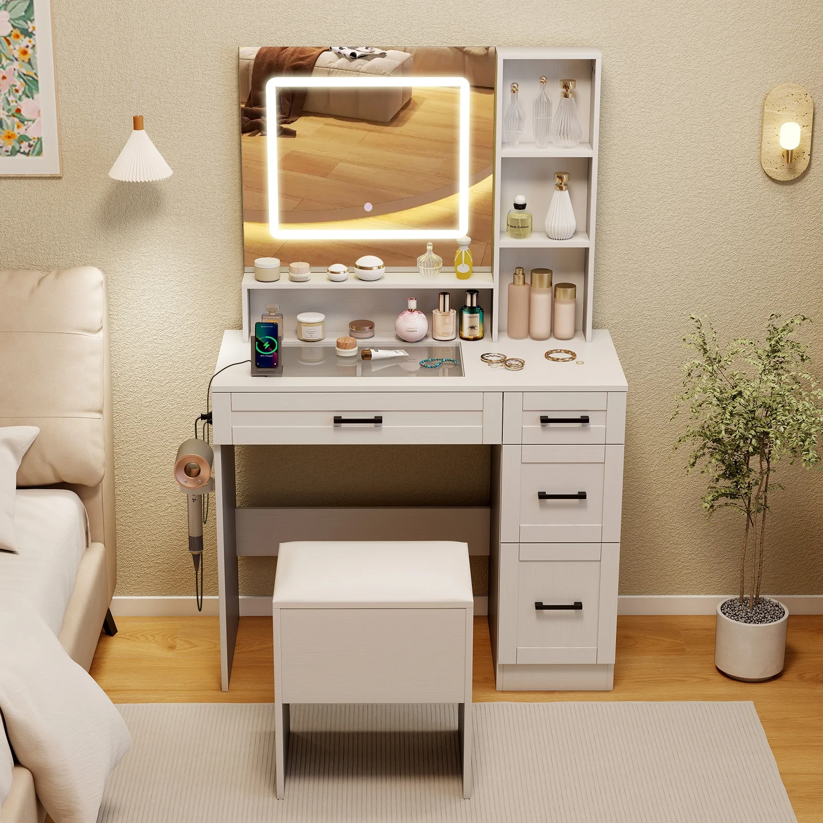 Dressing Desk With 3 Lighting, Hair Dryer Stand, White - Image 6