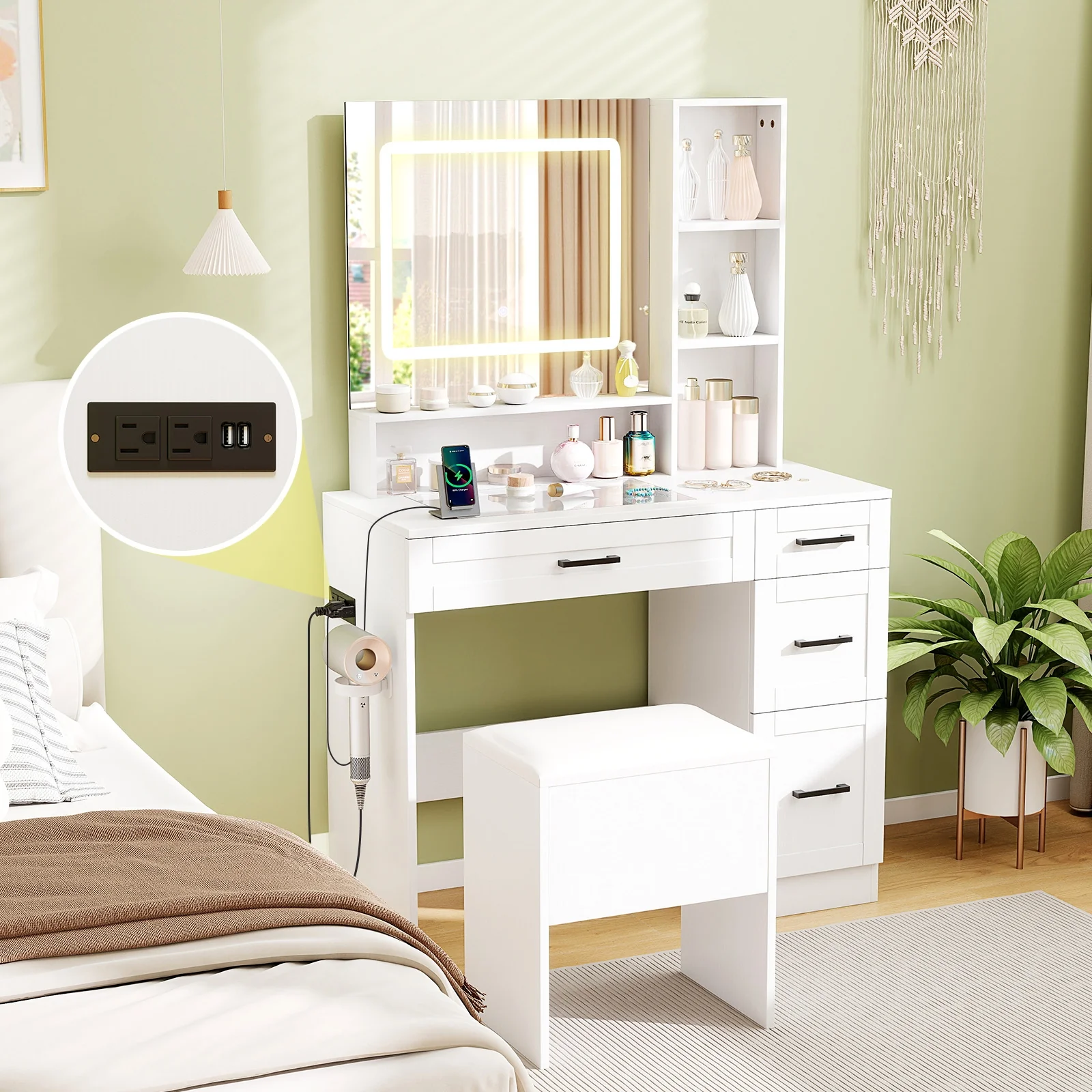 Dressing Desk With 3 Lighting, Hair Dryer Stand, White - Image 8