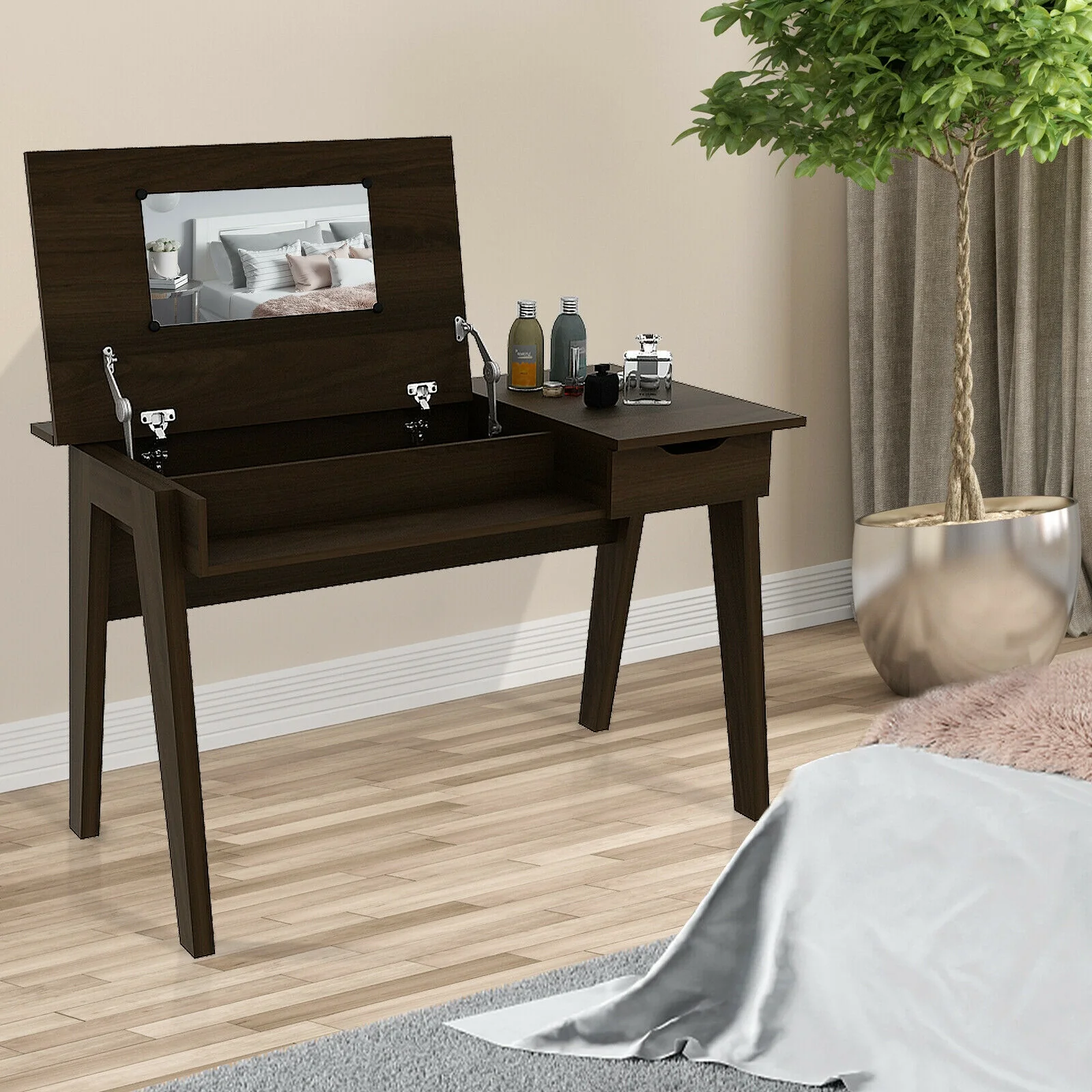 Dressing Table With Flip Mirror, Storage Drawer, Brown - Image 2