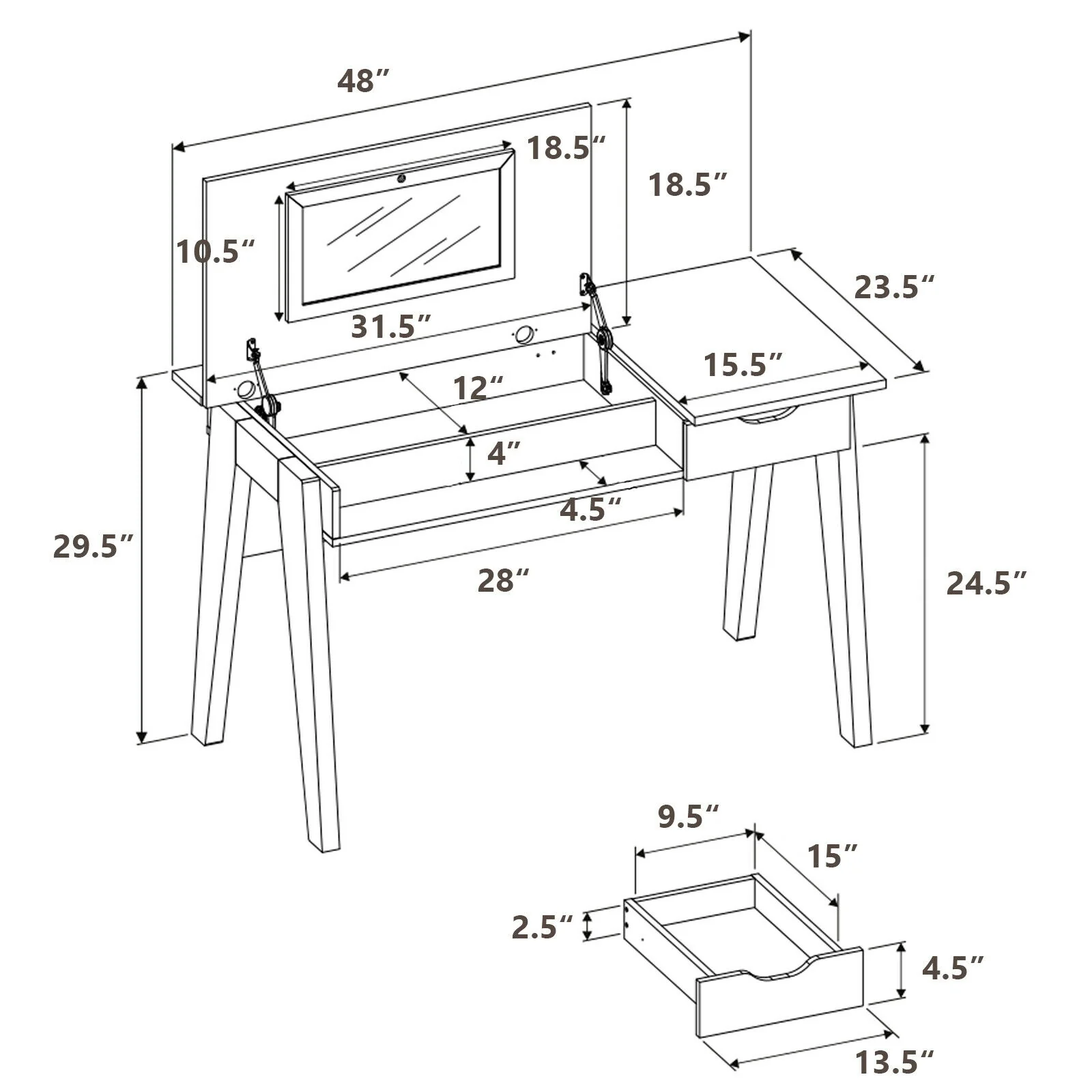 Dressing Table With Flip Mirror, Storage Drawer, Brown - Image 6