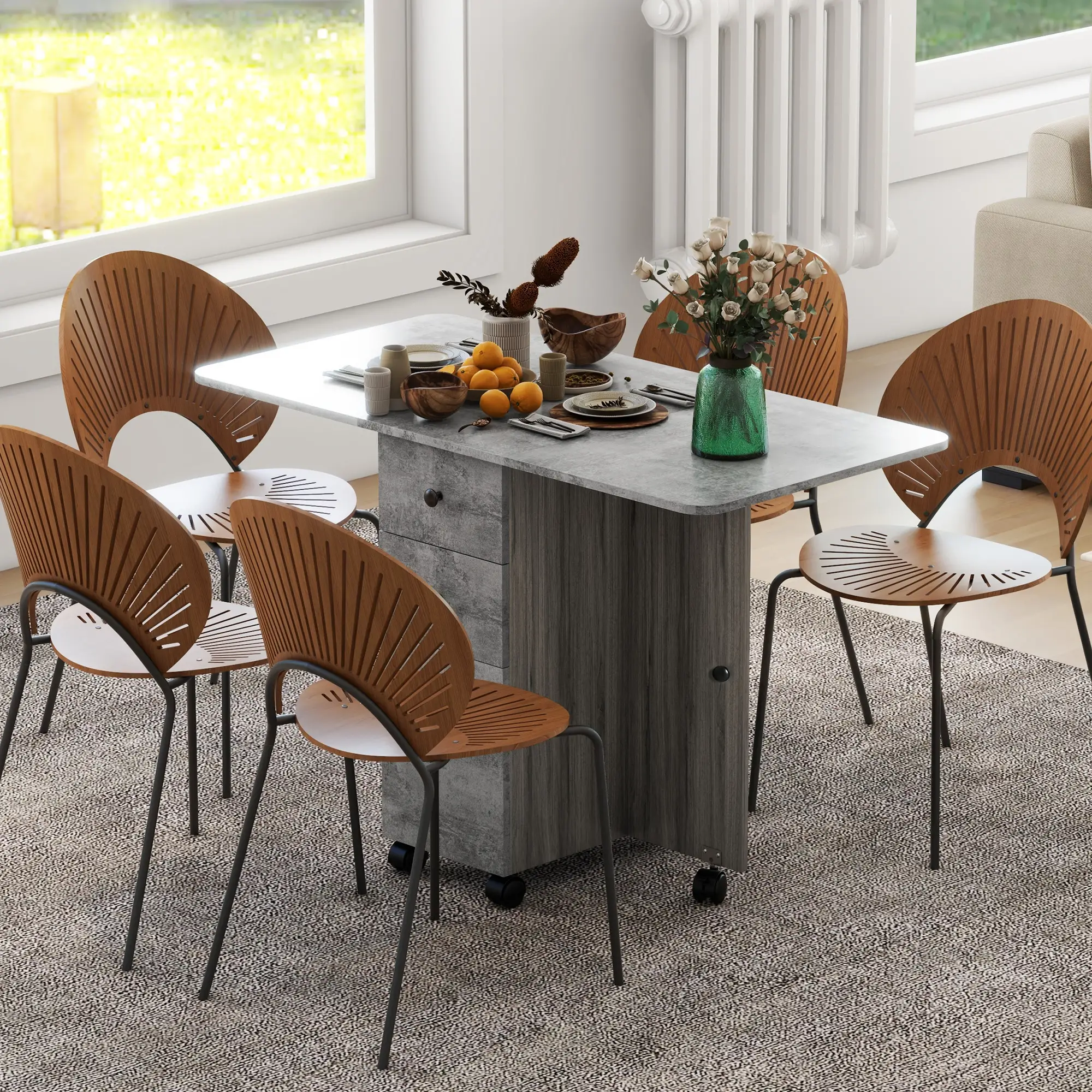 Drop Leaf Dining Table, Mobile Folding Table on Wheels, Grey - Image 8