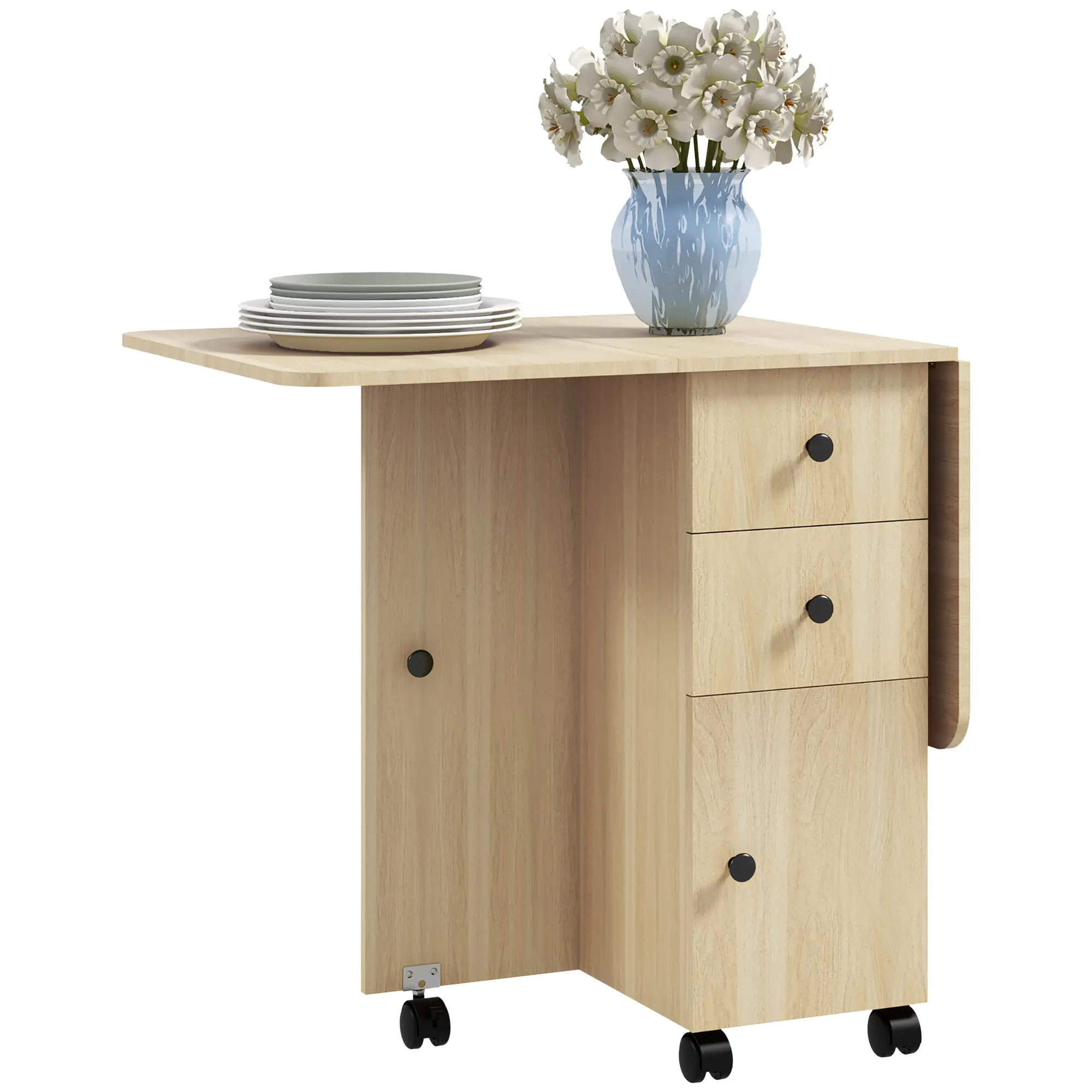 Drop Leaf Dining Table, Mobile Folding Table on Wheels, Natural Wood