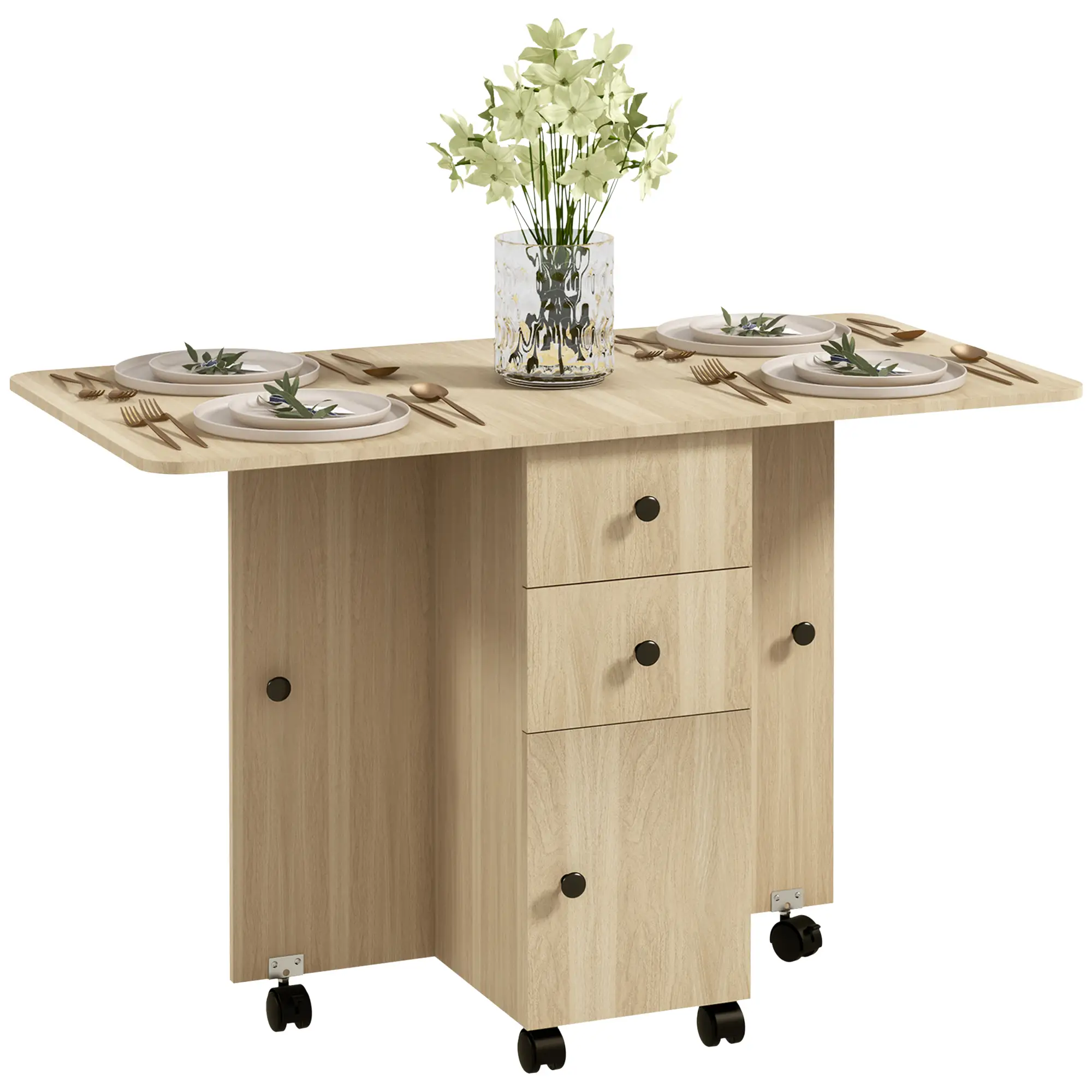Drop Leaf Dining Table, Mobile Folding Table on Wheels, Natural Wood - Image 11