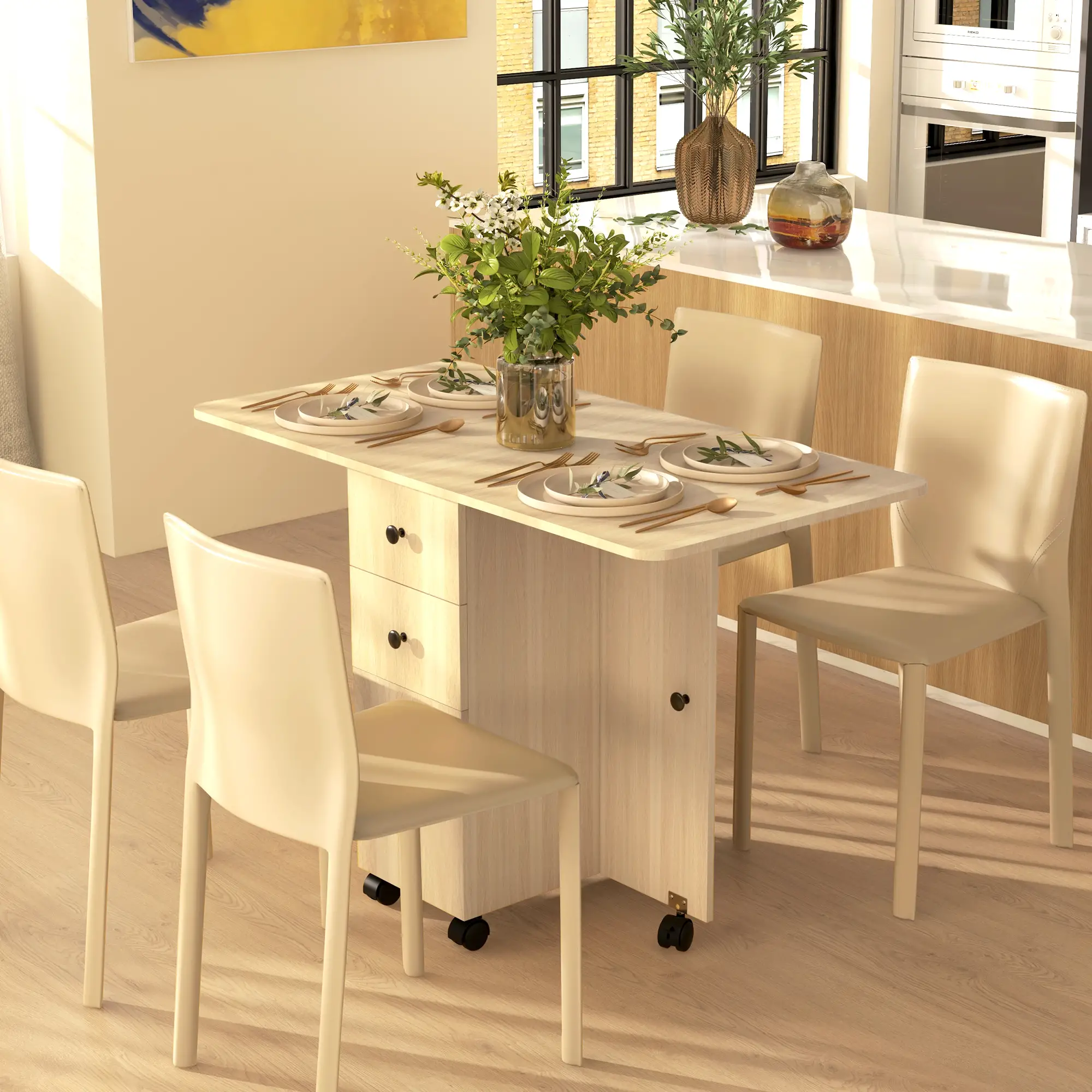 Drop Leaf Dining Table, Mobile Folding Table on Wheels, Natural Wood - Image 2