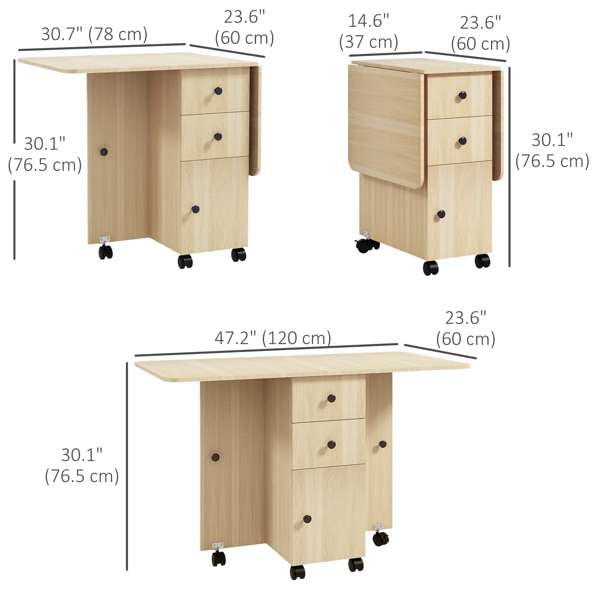 Drop Leaf Dining Table, Mobile Folding Table on Wheels, Natural Wood - Image 3