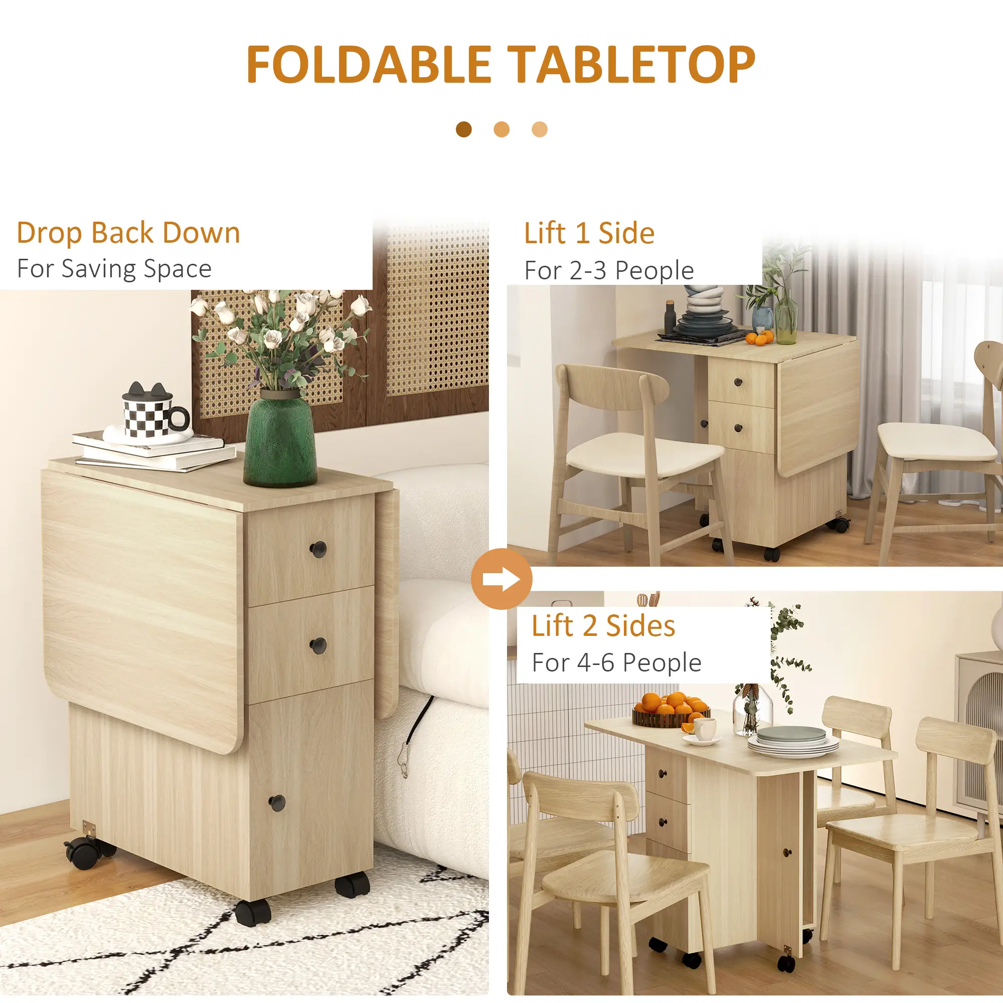 Drop Leaf Dining Table, Mobile Folding Table on Wheels, Natural Wood - Image 4