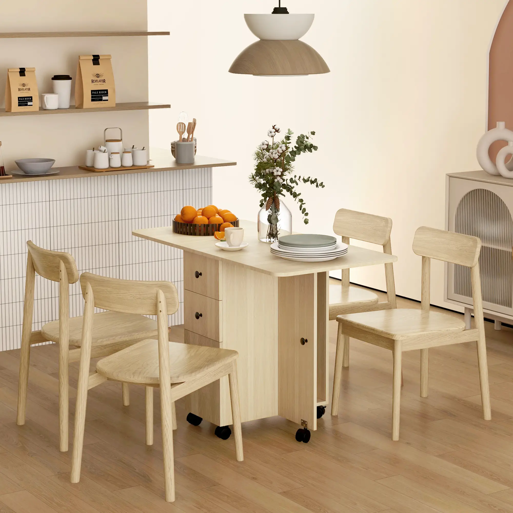 Drop Leaf Dining Table, Mobile Folding Table on Wheels, Natural Wood - Image 8