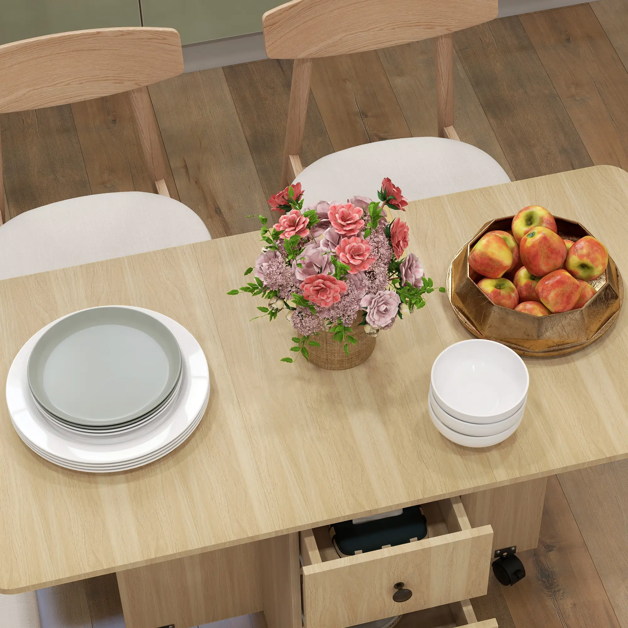 Drop Leaf Dining Table, Mobile Folding Table on Wheels, Natural Wood - Image 9