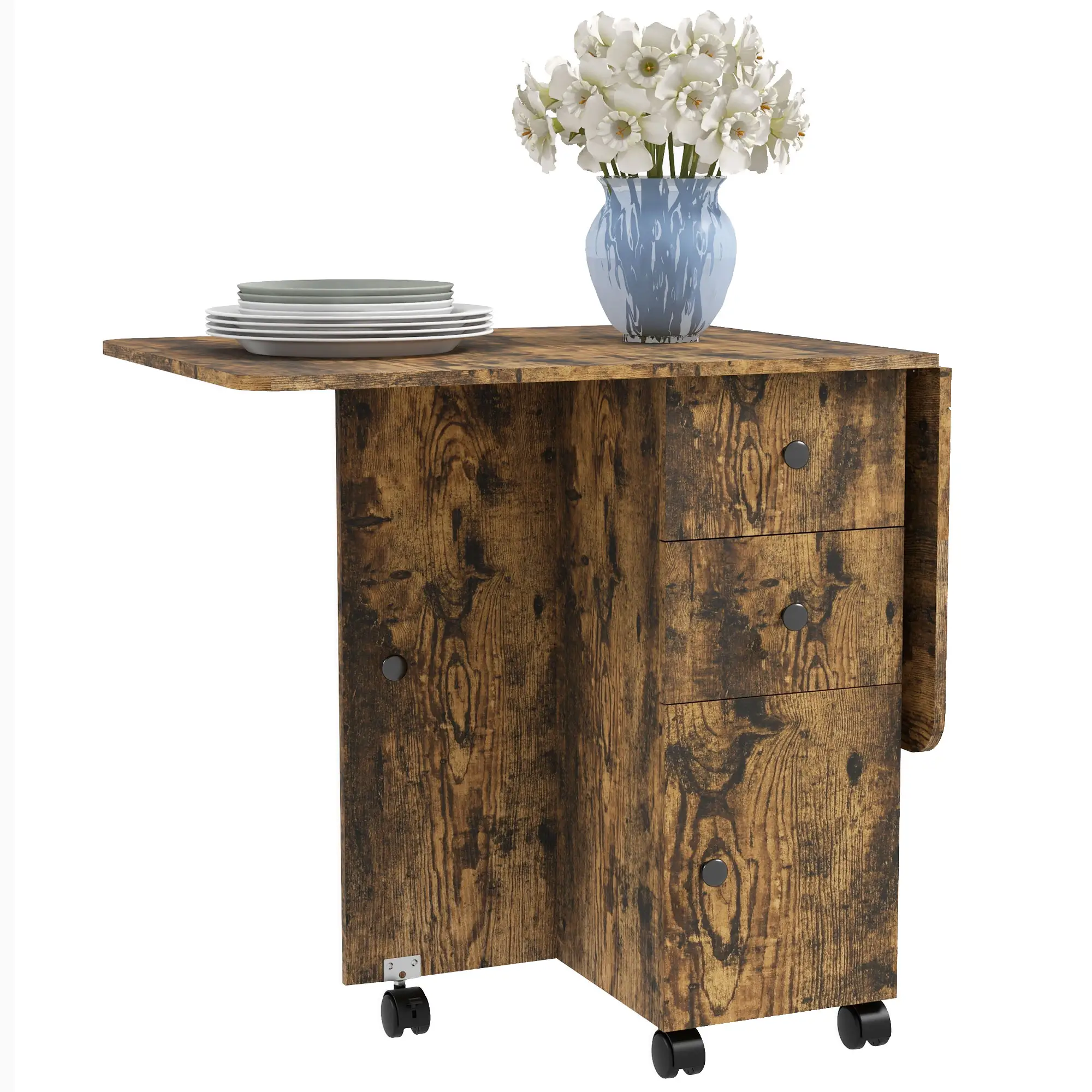 Drop Leaf Dining Table, Mobile Folding Table With Drawers, Rustic Brown, Brown