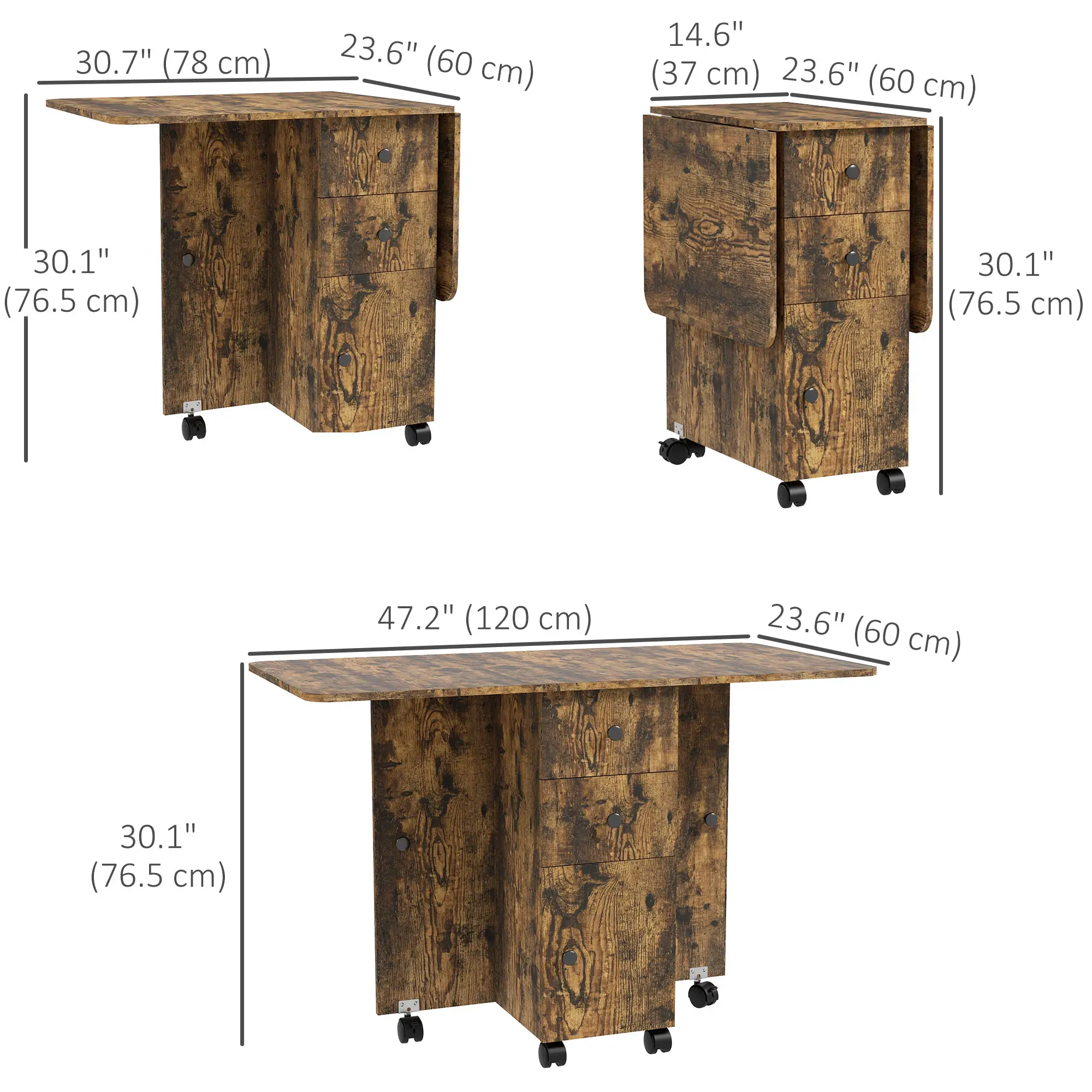 Drop Leaf Dining Table, Mobile Folding Table With Drawers, Rustic Brown, Brown - Image 3