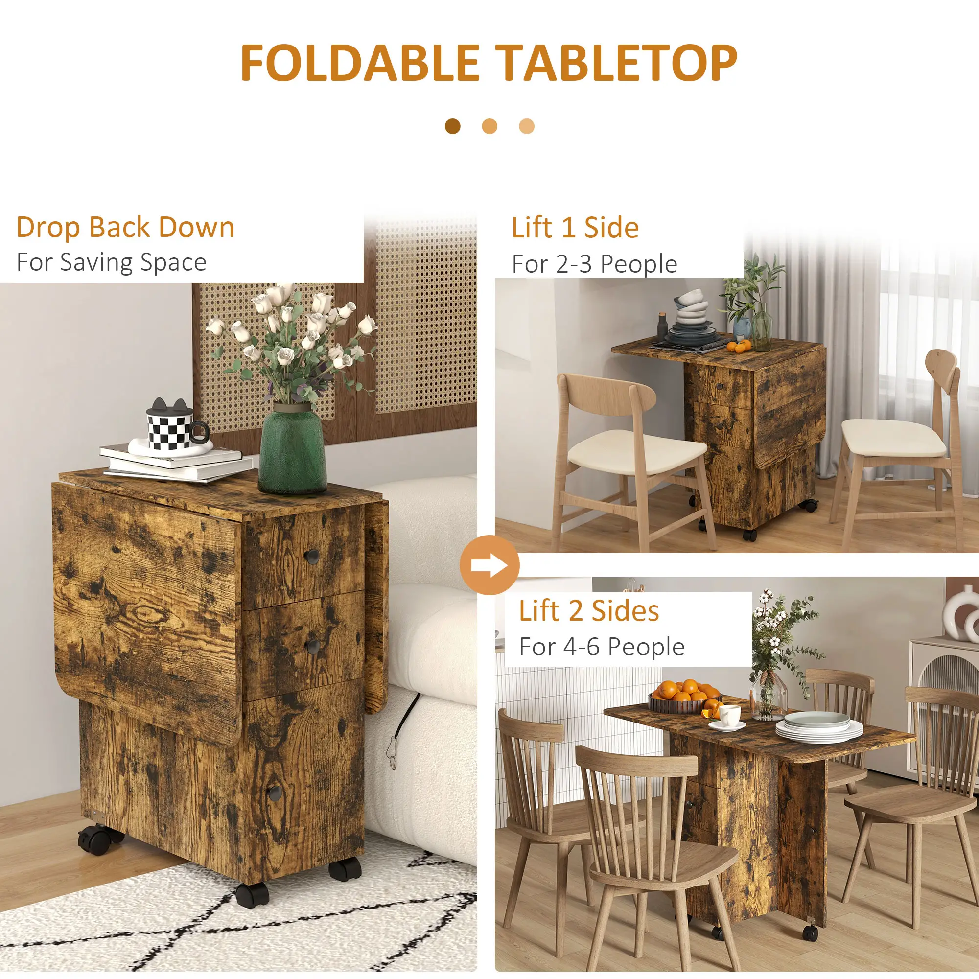 Drop Leaf Dining Table, Mobile Folding Table With Drawers, Rustic Brown, Brown - Image 5