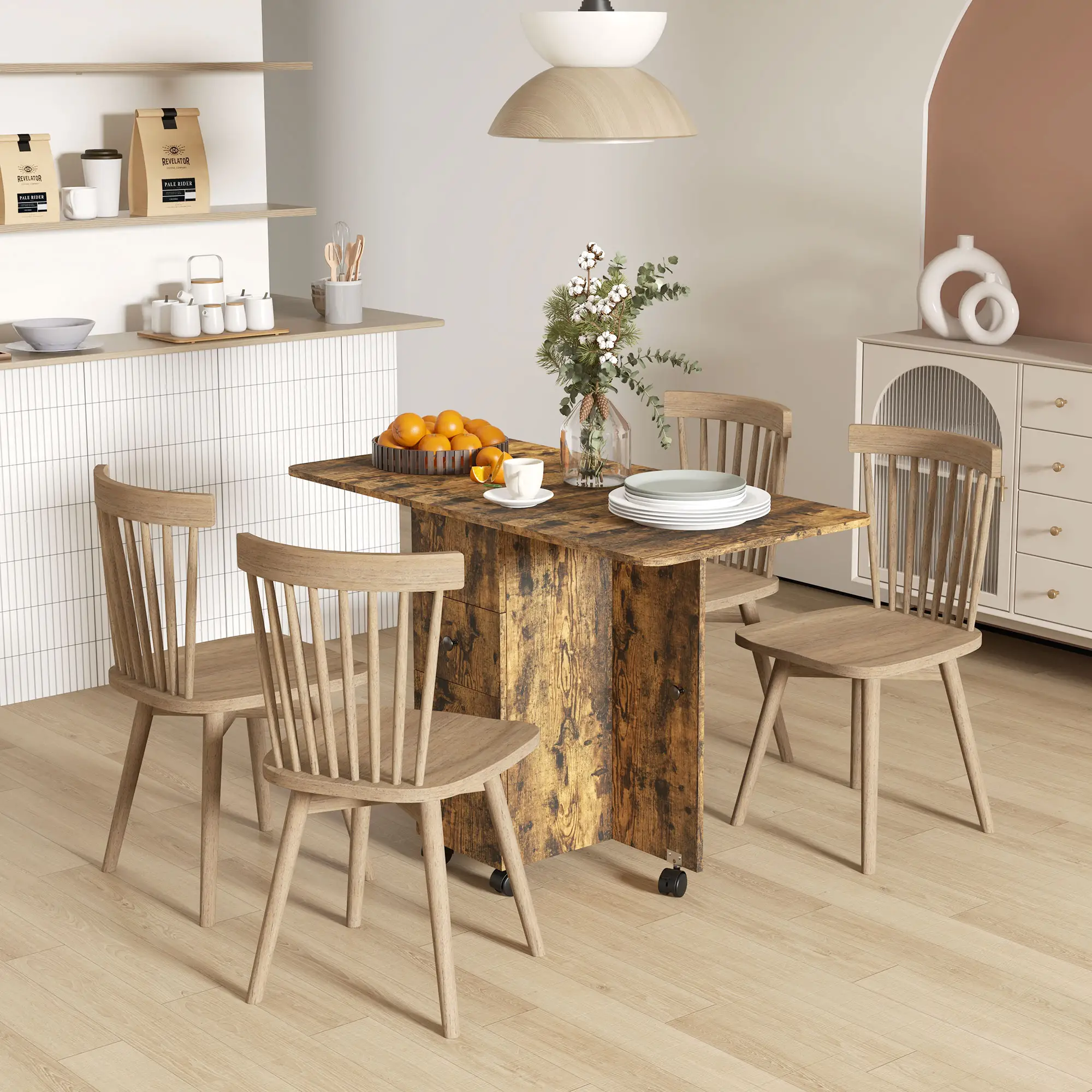 Drop Leaf Dining Table, Mobile Folding Table With Drawers, Rustic Brown, Brown - Image 8