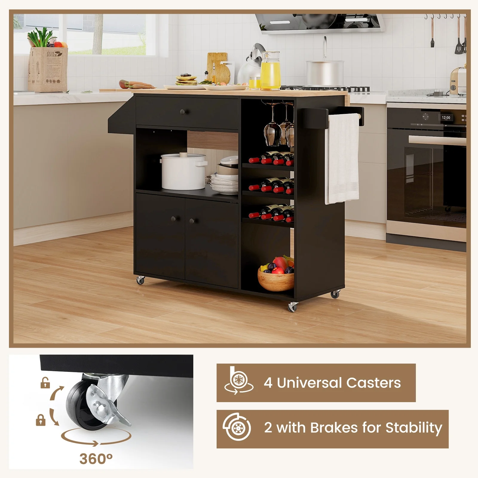 Drop Leaf Kitchen Island Cart With Power Outlet, Adjustable Shelf, Natural, Black - Image 10