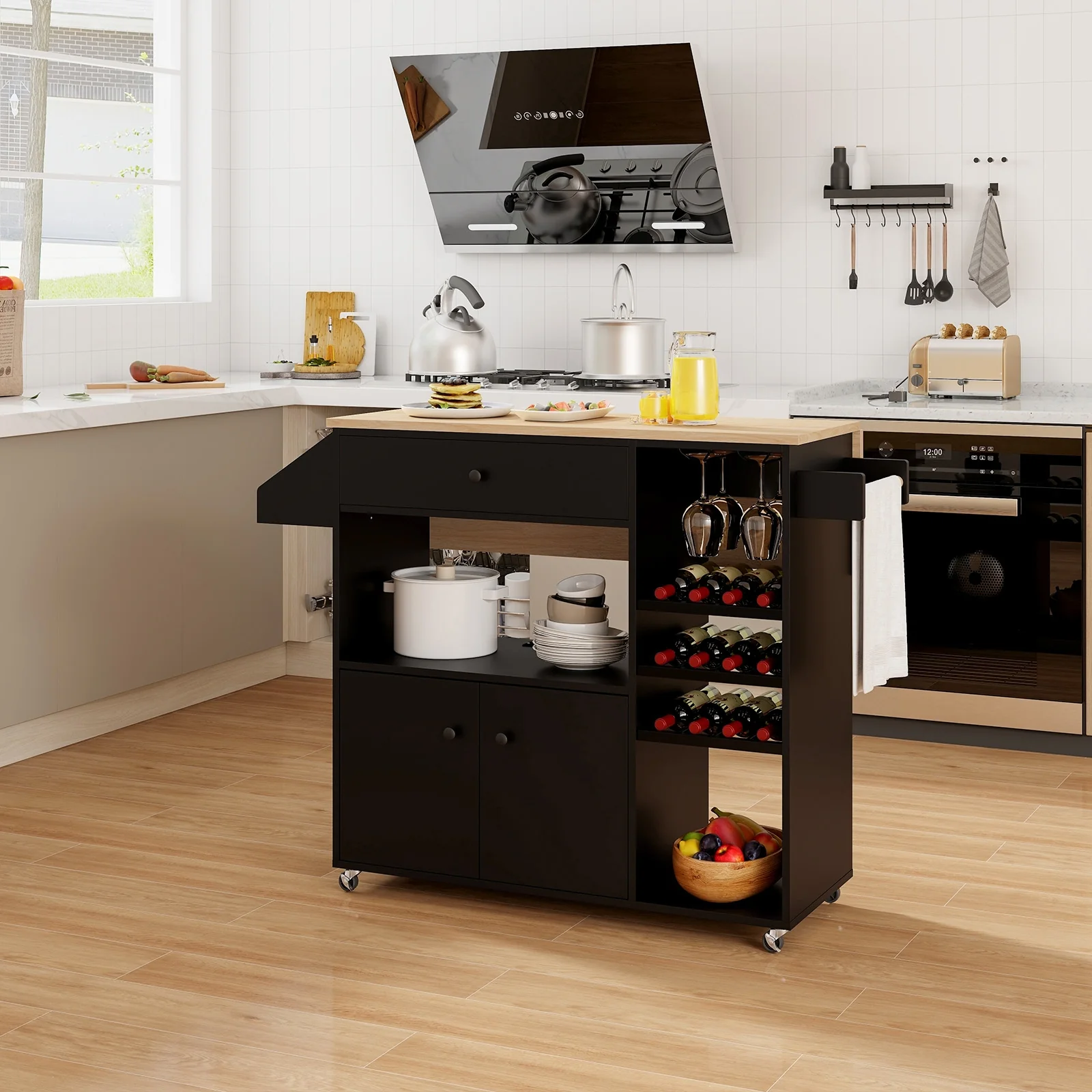 Drop Leaf Kitchen Island Cart With Power Outlet, Adjustable Shelf, Natural, Black - Image 2
