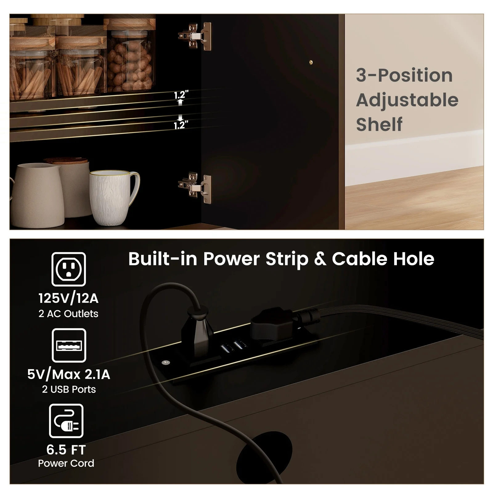 Drop Leaf Kitchen Island Cart With Power Outlet, Adjustable Shelf, Natural, Black - Image 7
