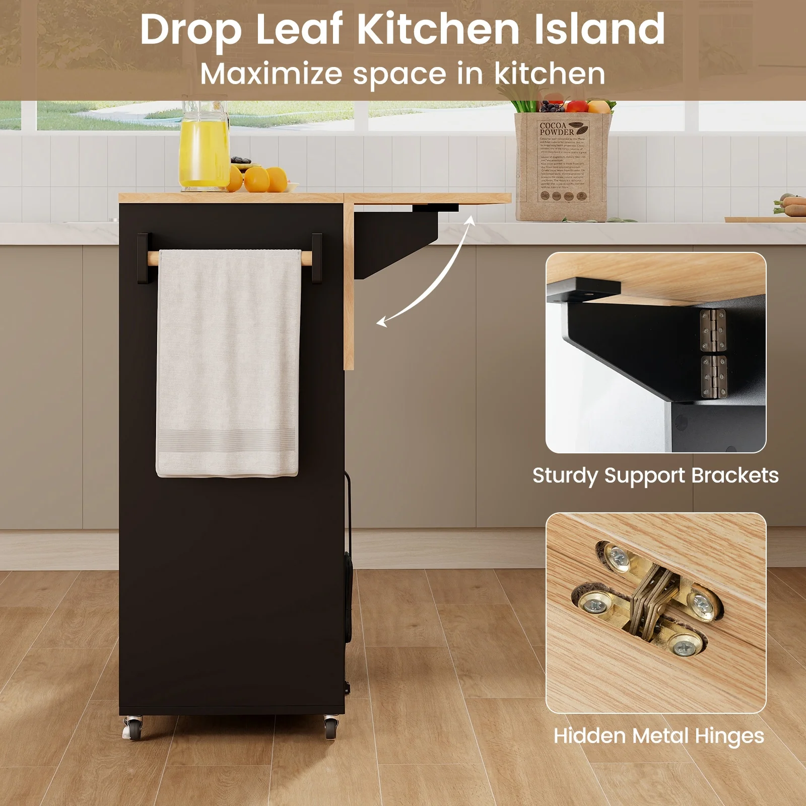 Drop Leaf Kitchen Island Cart With Power Outlet, Adjustable Shelf, Natural, Black - Image 9