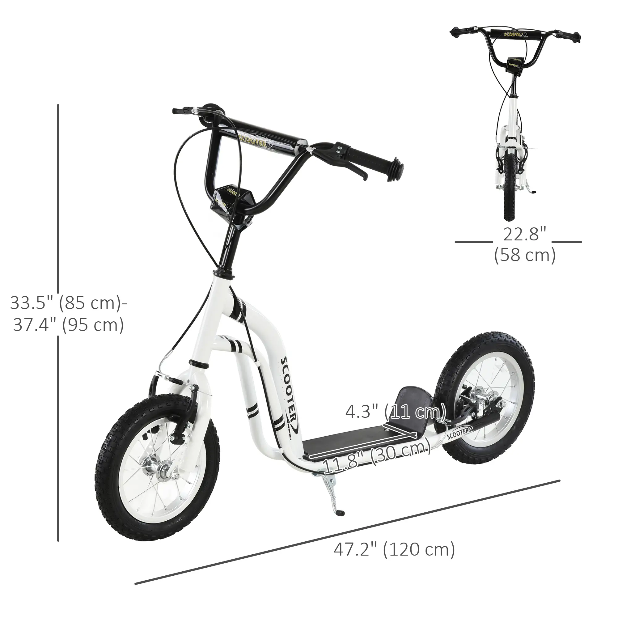 Dual Brakes Kick Scooter, 12-Inch Inflatable Wheel, Age 5+, White - Image 3