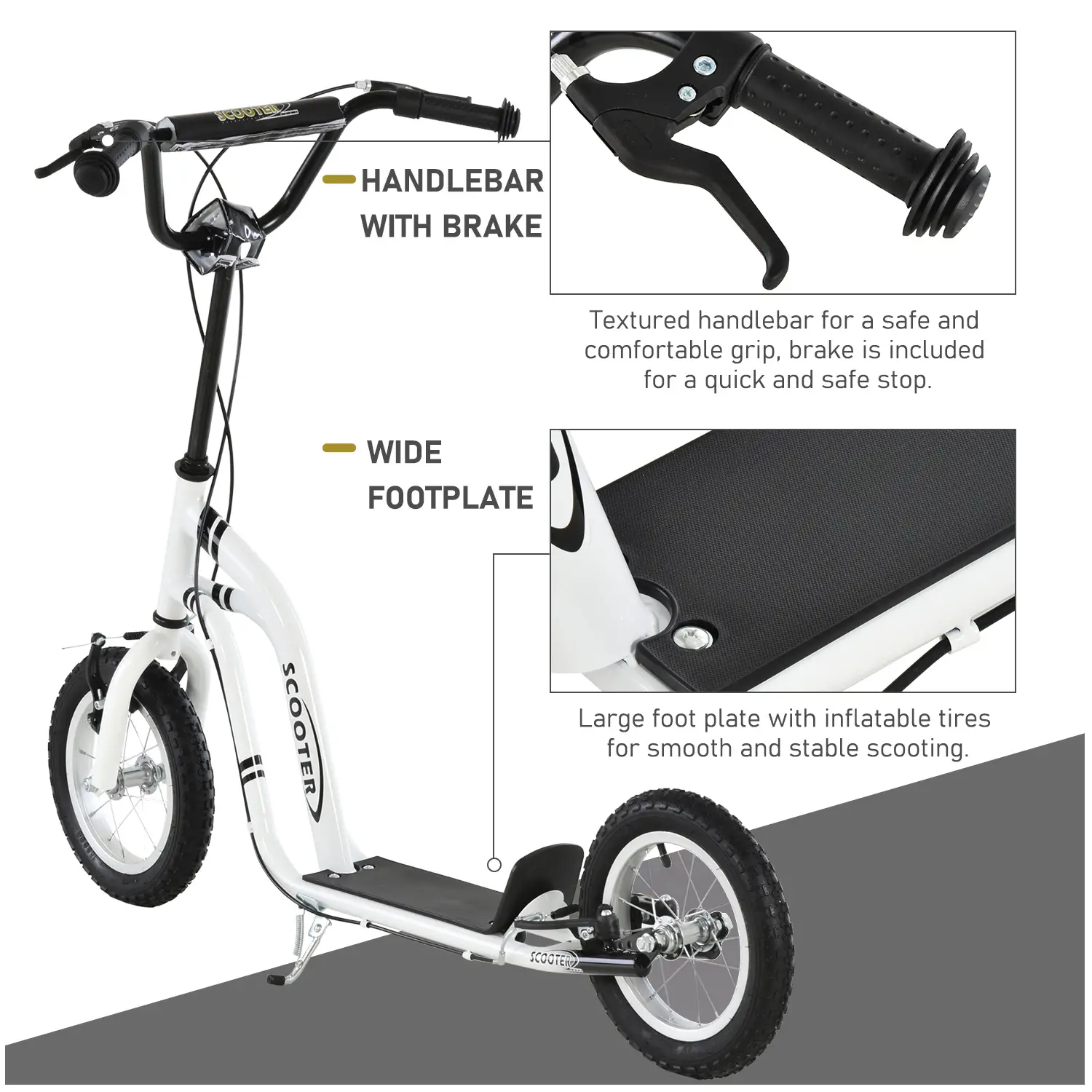 Dual Brakes Kick Scooter, 12-Inch Inflatable Wheel, Age 5+, White - Image 5