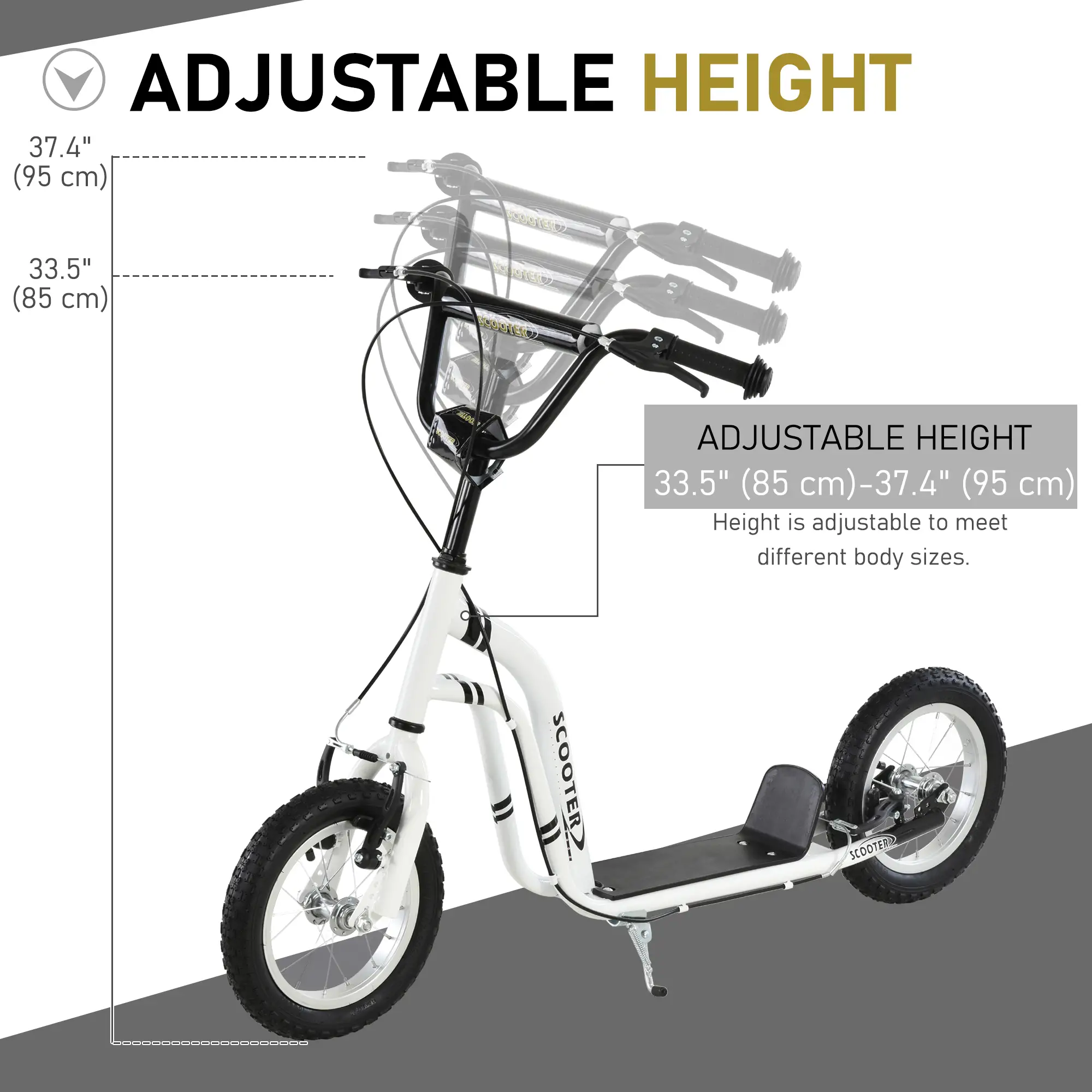 Dual Brakes Kick Scooter, 12-Inch Inflatable Wheel, Age 5+, White - Image 6