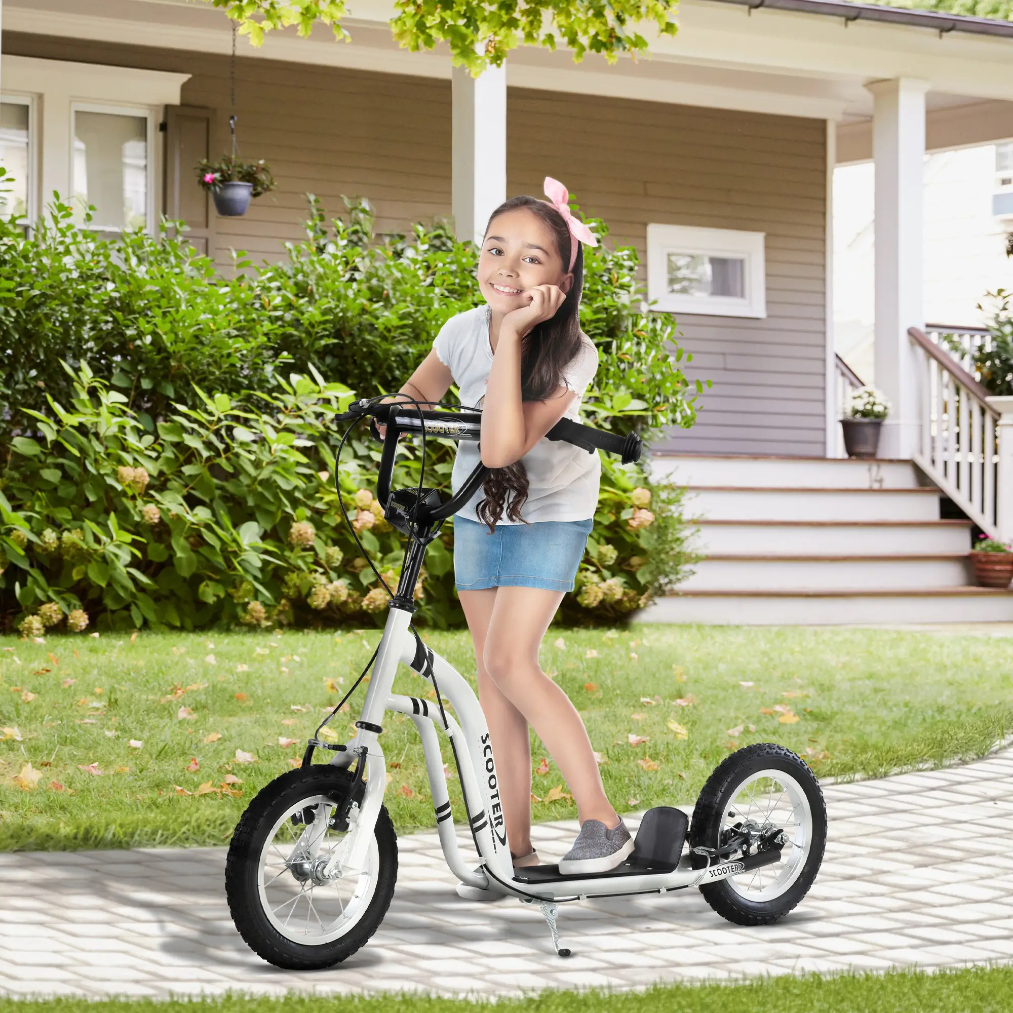 Dual Brakes Kick Scooter, 12-Inch Inflatable Wheel, Age 5+, White - Image 8
