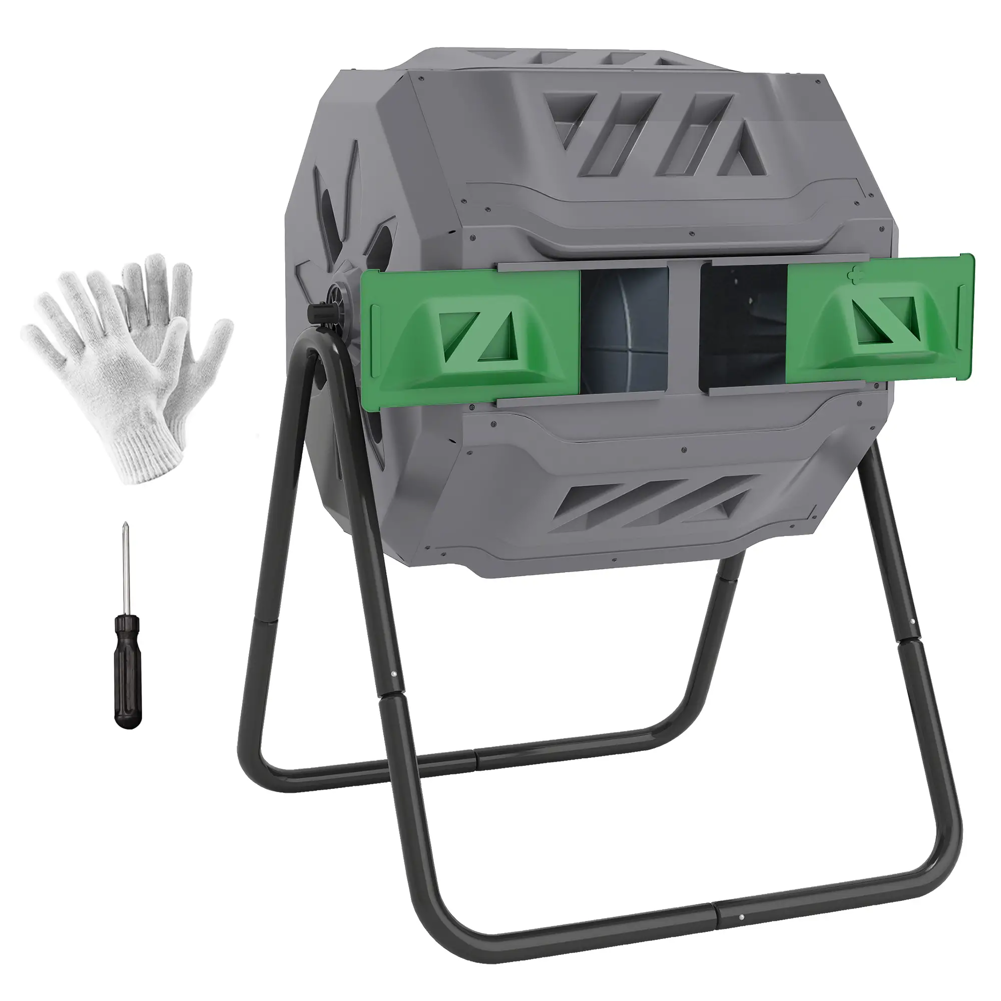 Dual Chamber 43 Gallon Compost Bin, 360 Rotating, Dark Green