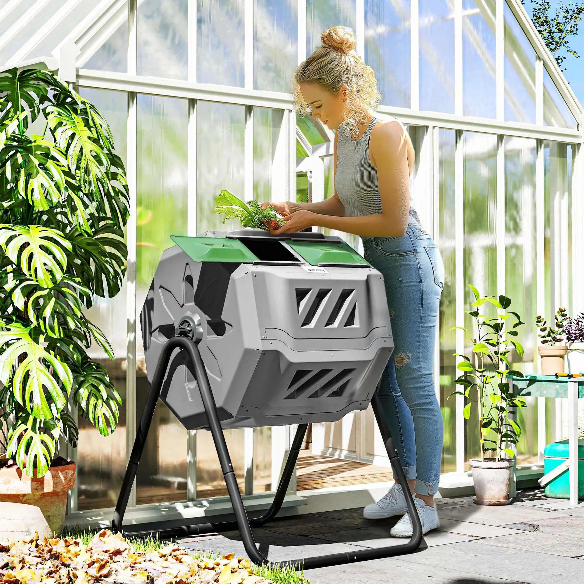Dual Chamber 43 Gallon Compost Bin, 360 Rotating, Dark Green - Image 2